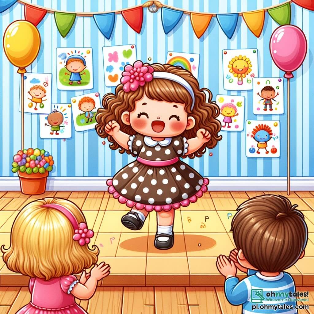 Une illustration sous forme de dessin destinée aux enfants représentant une salle de classe colorée et joyeuse, avec des murs ornés de dessins d'enfants et des ballons accrochés au plafond, où une petite fille de 3 ans aux cheveux bouclés et bruns, portant une jolie robe à pois, danse avec enthousiasme sur une scène en bois, tandis que ses camarades de classe, un garçon aux cheveux blonds et une fille aux cheveux raides et noirs, l'applaudissent avec des sourires émerveillés, capturant l'instant magique du Dîner des Talents à l'école, où chaque enfant est encouragé à montrer son talent unique.