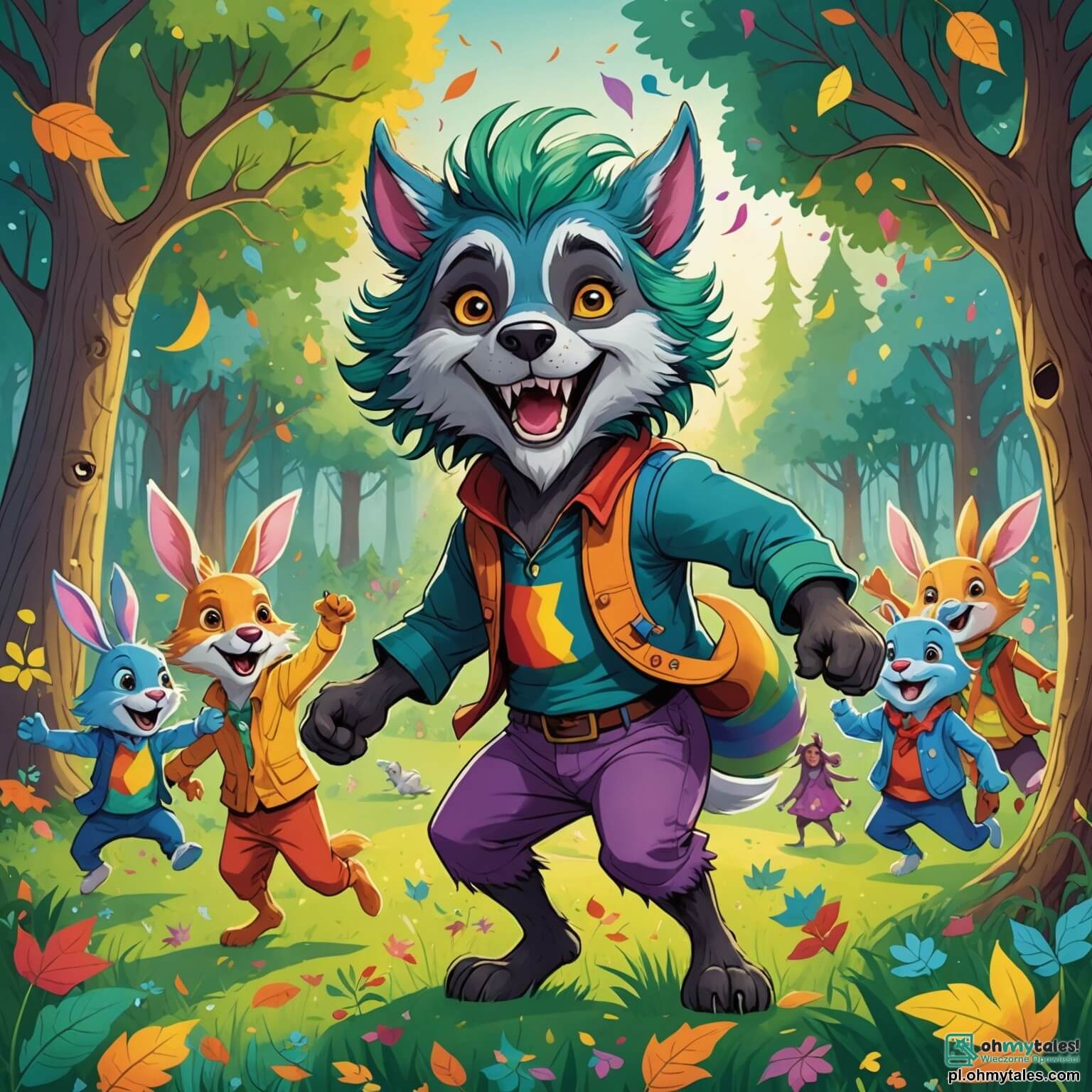 Une illustration destinée aux enfants représentant un loup-garou aux poils colorés comme un arc-en-ciel, avec de grands yeux pétillants de malice, se tenant au milieu d'une clairière enchantée où des arbres aux feuilles scintillantes dansent au rythme du vent, tandis qu'un groupe de joyeux lapins dansants, tous de petite taille et aux oreilles longues, l'encourage à organiser une fête pleine de rires et de jeux.
