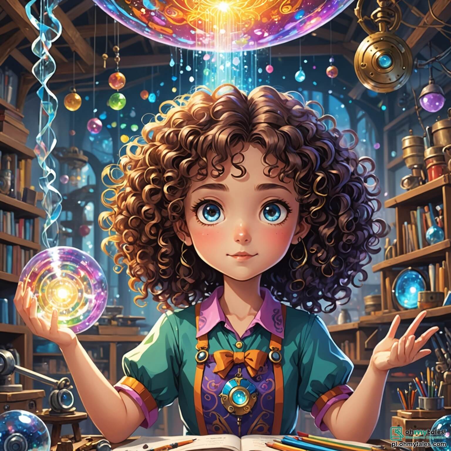 Une illustration destinée aux enfants représentant une femme aux cheveux bouclés et au regard pétillant, vêtue d'une blouse colorée, entourée de ses outils scintillants dans un atelier enchanteur rempli de plans volants et de pièces métalliques, où elle s'active à créer une machine magique capable de faire apparaître des chutes de nuages colorés, tandis que deux enfants, une fille aux yeux brillants et un garçon curieux, l'observent avec émerveillement, impatients de l'aider dans cette aventure fantastique qui se déroule dans un petit village pittoresque, bordé de fleurs éclatantes et de grands arbres majestueux, où le chant des oiseaux accompagne le doux bruit de l'eau d'un ruisseau voisin.