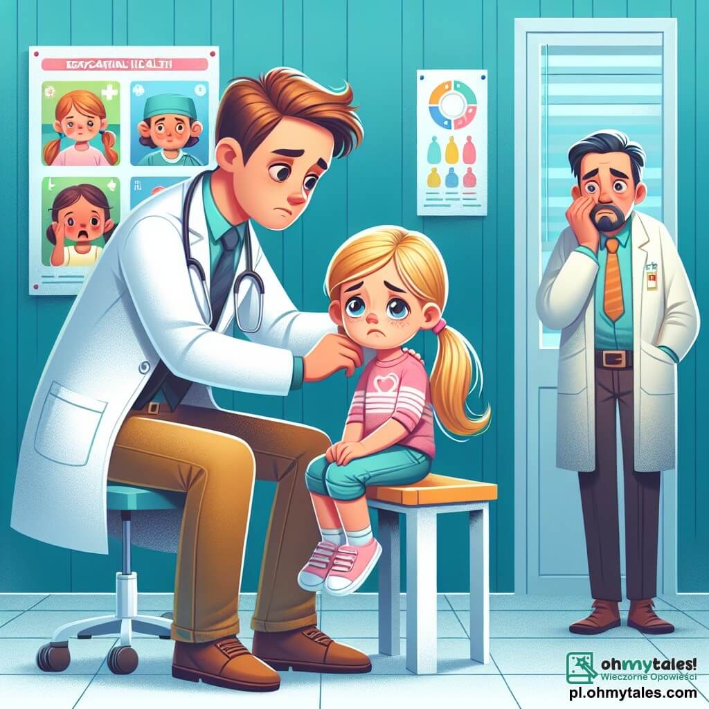 Une illustration sous forme de dessin destinée aux enfants représentant un cabinet médical lumineux et coloré, avec des murs ornés de posters éducatifs sur la santé, où un homme médecin d'une trentaine d'années, aux cheveux bruns et portant une blouse blanche, examine attentivement une petite fille aux cheveux blonds et aux yeux pleins de larmes, assise sur un tabouret, tandis qu'un homme anxieux, le mari de la patiente, se tient à côté d'eux, inquiet et préoccupé, créant une atmosphère de compassion et d'espoir dans un moment de crise médicale.