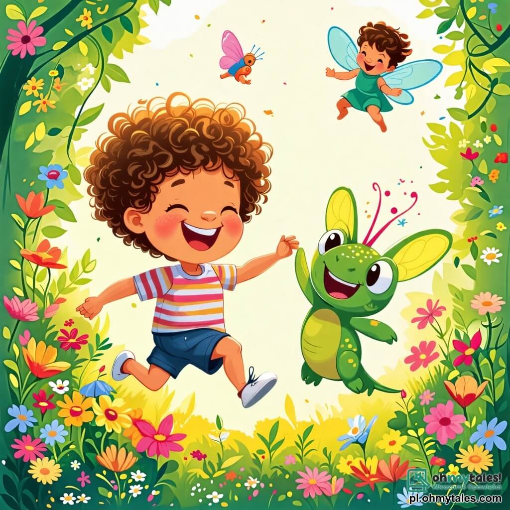 Une illustration sous forme de dessin destinée aux enfants représentant un jardin ensoleillé rempli de fleurs colorées, où un garçon de 2 ans aux cheveux bouclés et aux yeux pétillants, vêtu d'un t-shirt rayé et d'un short, saute joyeusement avec un petit stworek vert à long nez qui fait des pirouettes à ses côtés, tandis qu'une petite fée aux ailes roses virevolte autour d'eux, tous riant ensemble dans une ambiance de légèreté et de magie.
