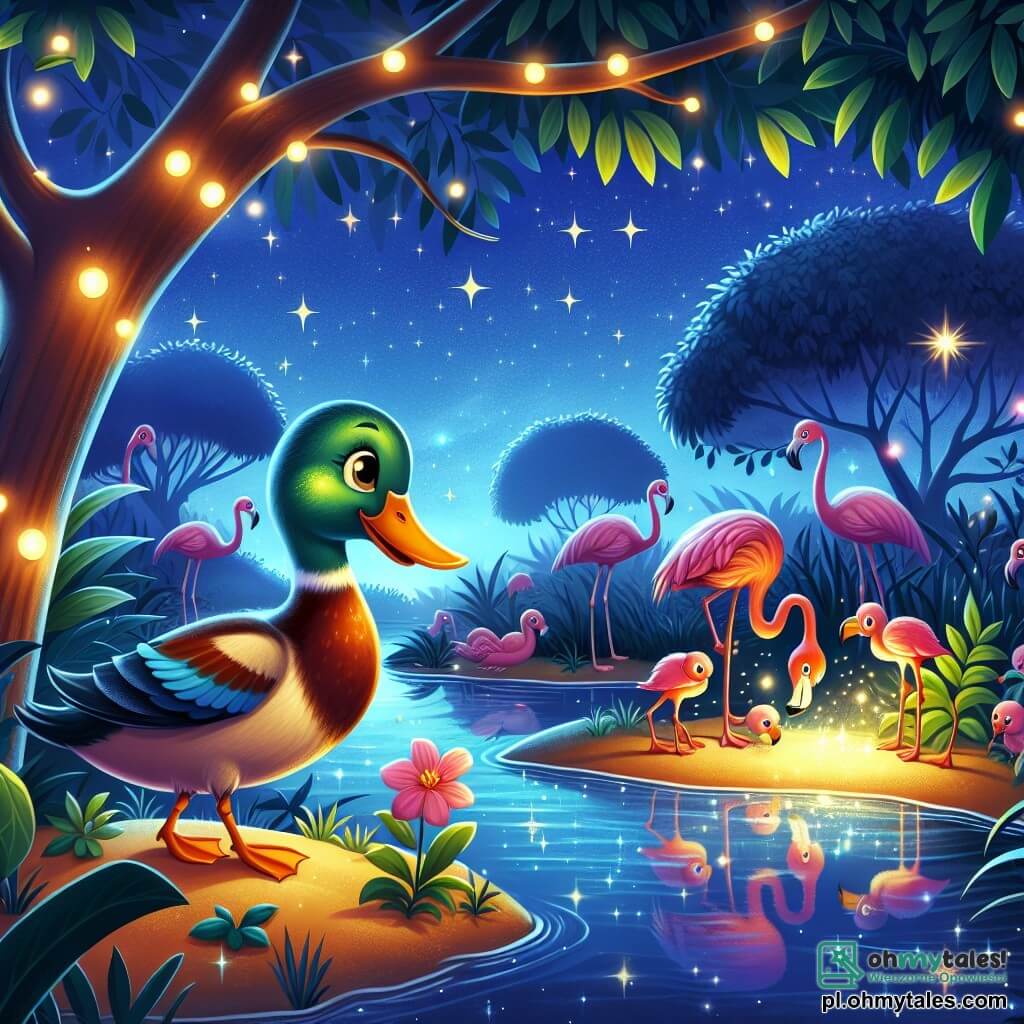 Ilustracja przedstawiająca nocną scenę w magicznym zoo, gdzie gwiazdy migoczą na głębokim, niebieskim niebie. Na środku obrazu stoi kaczka z błyszczącym, kolorowym upierzeniem i jaskrawopomarańczowym dziobem, ciekawska i zdeterminowana, na małej skarpie przy stawie. Obserwuje grupę eleganckich i wdzięcznych flamingów, które gromadzą się wokół tajemniczej mapy, ich długie szyje sięgają nieba. W tle liściaste drzewa i delikatne światła tworzą ciepłą i przyjazną atmosferę. Scena emanuje poczuciem przygody i koleżeństwa, z wybuchami śmiechu i migotaniem światła tańczącego wokół postaci. Łagodne cienie i odbicia w wodzie dodają odrobinę magii tej nocy pełnej tajemnic i odkryć.