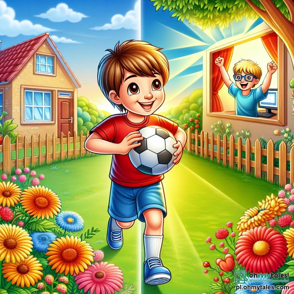 Une illustration sous forme de dessin destinée aux enfants représentant un jardin ensoleillé rempli de fleurs colorées, où un garçon de 9 ans aux cheveux bruns et aux yeux pétillants, vêtu d'un t-shirt rouge et de shorts bleus, dribble joyeusement une balle de football, tandis que son ami, un garçon aux cheveux blonds et aux lunettes, l'encourage en souriant, et en arrière-plan, une maison familiale avec un ordinateur visible à travers la fenêtre, symbolisant le contraste entre le monde virtuel et les aventures réelles à l'extérieur.
