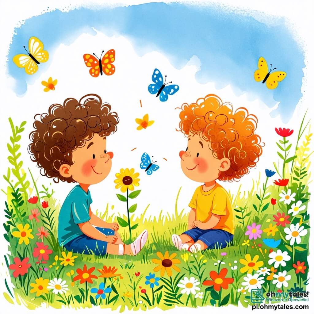 Une illustration sous forme de dessin destinée aux enfants représentant un jardin ensoleillé, rempli de fleurs colorées, où un petit garçon de 2 ans aux cheveux bouclés et aux yeux pétillants joue joyeusement, assis sur l'herbe, en parlant à un Kwiatuszek, une petite fleur souriante avec des pétales multicolores, qui lui explique comment trouver le bonheur même dans l'obscurité, tandis que des papillons dansent autour d'eux, ajoutant une touche de magie à cette scène philosophique.
