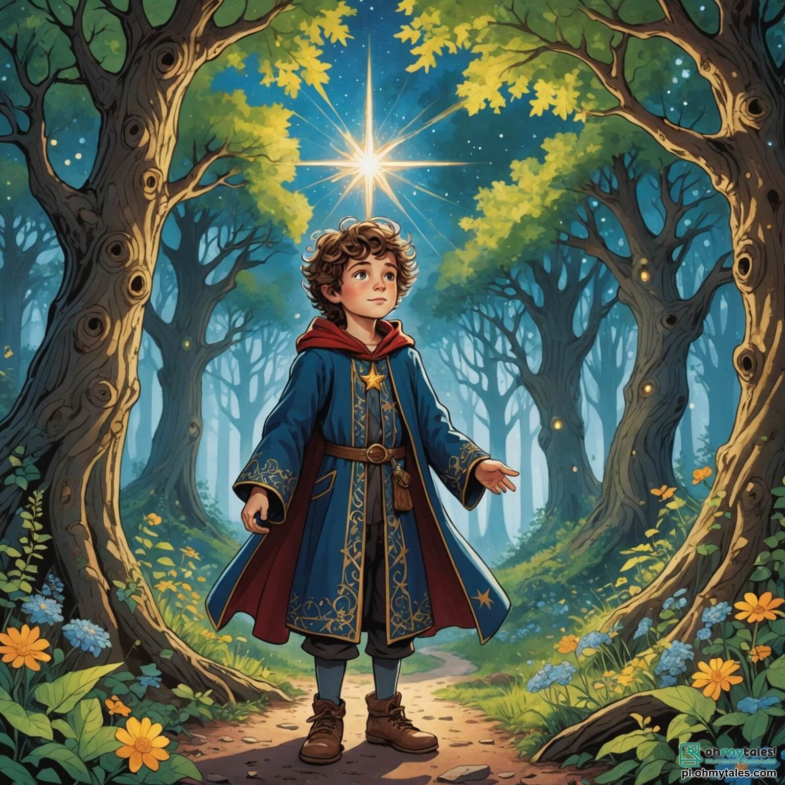 Une illustration destinée aux enfants représentant un jeune garçon aux cheveux en désordre et aux yeux pétillants de curiosité, vêtu d'une robe de sorcier ornée de motifs étoilés, se tenant au milieu d'une forêt enchantée où les arbres majestueux aux troncs noueux s'élèvent vers un ciel azur, tandis que des rayons de soleil filtrent à travers les feuillages, illuminant des fleurs multicolores qui dansent doucement au gré du vent, alors qu'il se prépare à affronter une mystérieuse sorcière aux longs cheveux argentés et au regard perçant, qui se cache dans l'ombre d'une grotte scintillante, pour découvrir les secrets de la magie et prouver sa valeur en tant qu'apprenti sorcier.