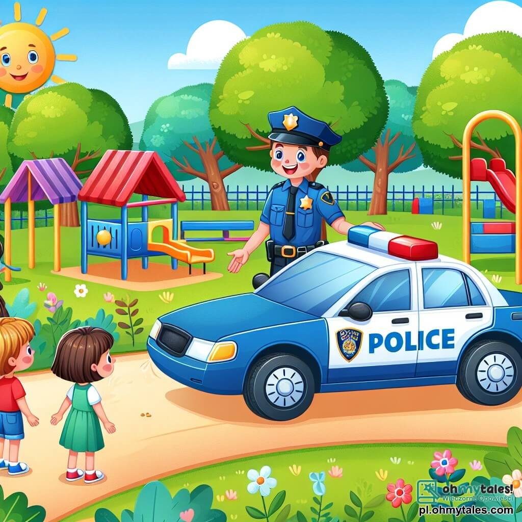 Une illustration sous forme de dessin destinée aux enfants représentant un parc ensoleillé avec des arbres verdoyants et un terrain de jeux coloré, où un homme policier au sourire chaleureux, vêtu d'un uniforme bleu et d'une casquette, montre aux enfants comment utiliser la sirène de son véhicule, tandis qu'une fille aux cheveux bruns et une petite fille blonde, toutes deux joyeuses, observent avec émerveillement, captivées par la magie de la sécurité et de l'entraide.