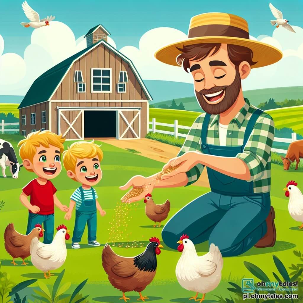 Une illustration sous forme de dessin destinée aux enfants représentant une ferme ensoleillée avec des champs verdoyants et une grande stalle en bois, où un homme souriant aux cheveux bruns et à la barbe bien taillée, vêtu d'une chemise à carreaux et d'un chapeau de paille, est en train de nourrir des poules en leur lançant des grains, tandis que deux garçons aux cheveux blonds, l'un portant un t-shirt rouge et l'autre un bleu, regardent avec émerveillement et rient, entourés de vaches paisibles et de moutons laineux, capturant l'esprit joyeux et accueillant de la vie à la ferme.