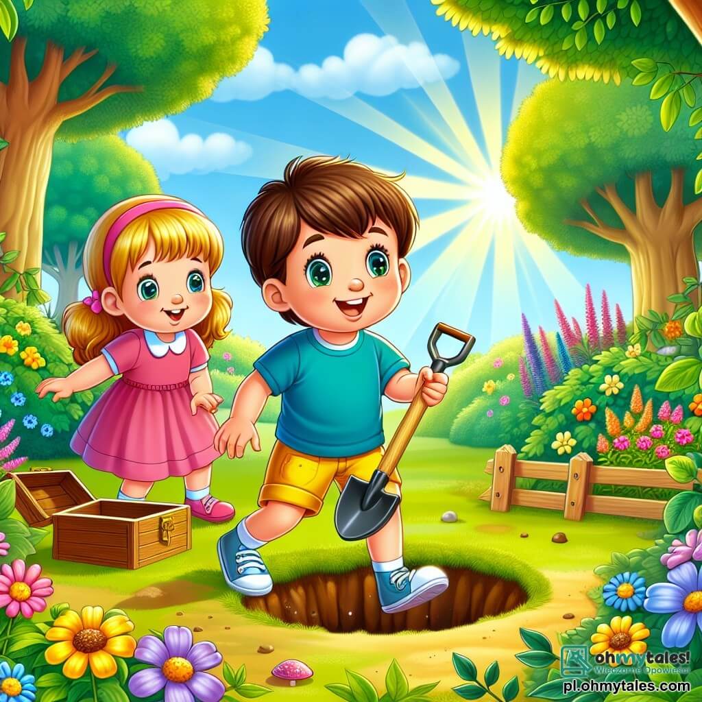 Une illustration sous forme de dessin destinée aux enfants représentant un jardin ensoleillé rempli de fleurs colorées et d'arbres verdoyants, où un garçon de 3 ans aux cheveux bruns et aux yeux pétillants, vêtu d'un t-shirt bleu et d'un short jaune, creuse avec une petite pelle en plastique, tandis qu'à ses côtés, une fille de 3 ans aux cheveux blonds et aux couettes, portant une robe rose, l'observe avec un sourire émerveillé, alors qu'ils découvrent ensemble une petite boîte en bois enfouie dans le sol, symbole de leur aventure à la recherche de trésors cachés.