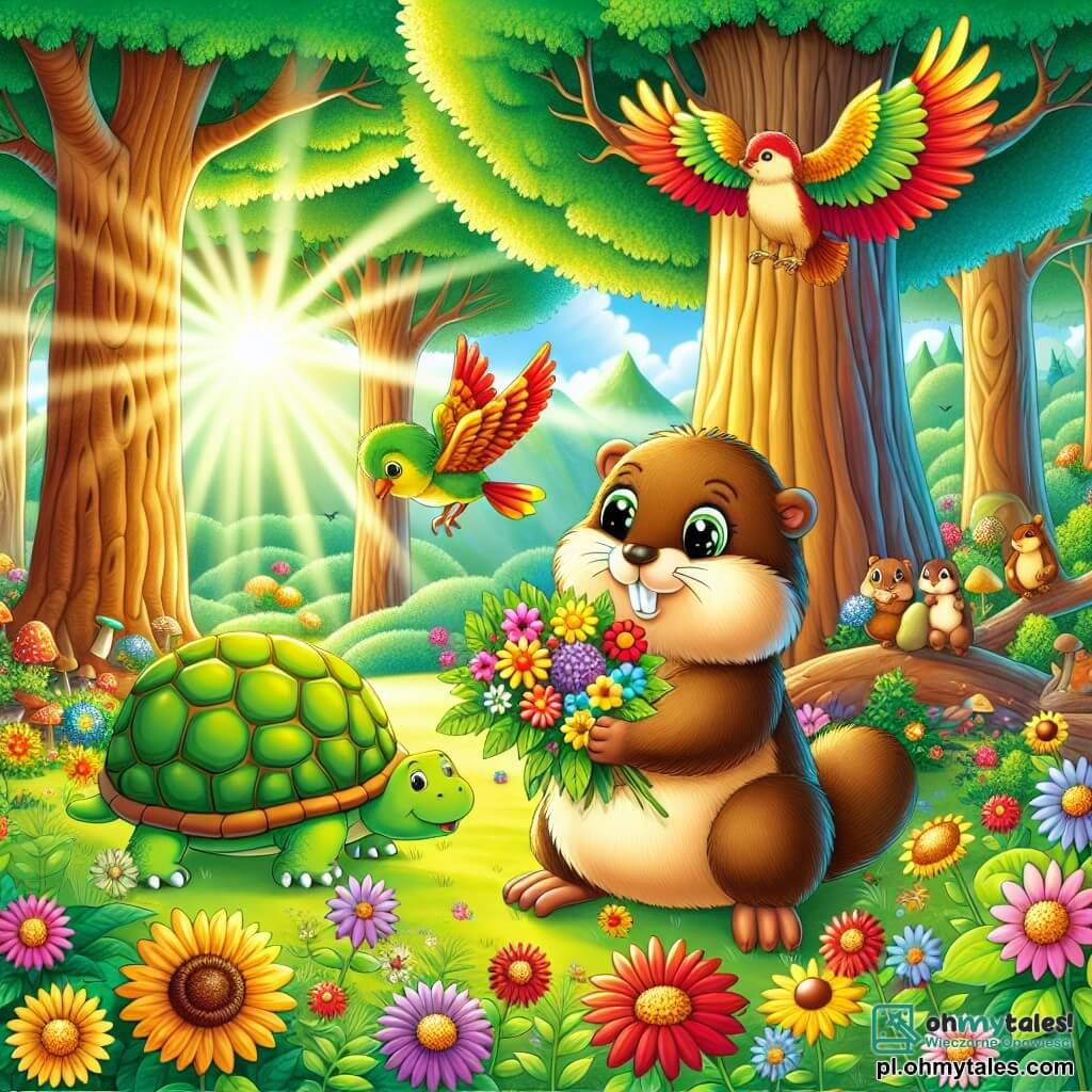 Ilustracja przedstawiająca radosną scenę w kolorowym lesie, gdzie duże drzewa o grubych pniach i bujnych liściach tworzą magiczną atmosferę. W centrum mała świstak o brązowym, miękkim futrze i dużych oczach pełnych ciekawości trzyma w przednich łapach bukiet kolorowych kwiatów, uśmiechając się entuzjastycznie. Obok niej, kolorowy ptaszek o jaskrawych czerwonych, żółtych i zielonych piórach radośnie lata wokół niej, śpiewając wesołą melodię. W tle duża żółw o zielono-brązowym skorupie, z pokojowym wyrazem twarzy, powoli się porusza, obserwując scenę z życzliwym uśmiechem. Świstak i jego przyjaciele odkrywają majestatyczne drzewo, pokryte błyszczącymi, złotymi owocami, symbolizującymi ich poszukiwanie skarbu. Promienie słońca filtrują przez liście, oświetlając scenę ciepłym i radosnym światłem, podczas gdy kolorowe kwiaty i małe leśne zwierzęta dodają życia i radości całości.