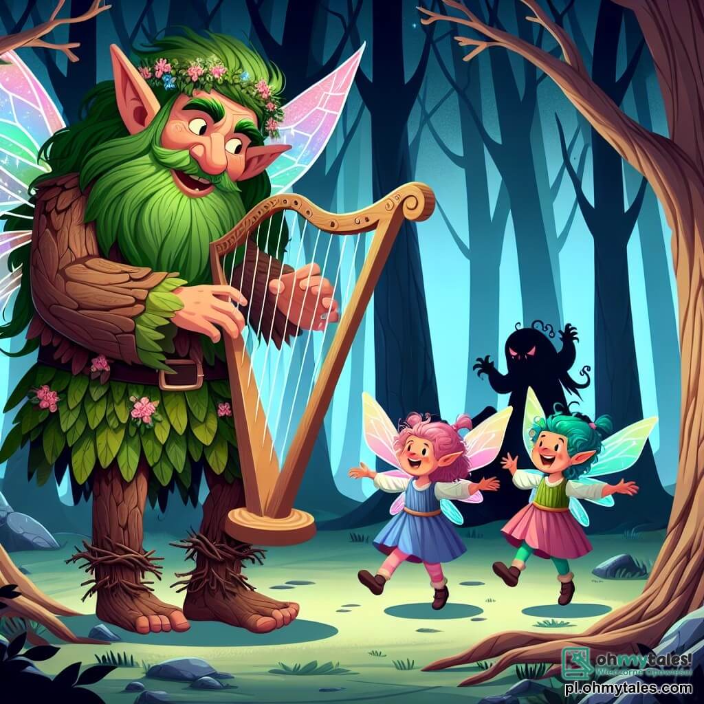 Une illustration sous forme de dessin destinée aux enfants représentant une clairière enchantée au cœur d'une forêt magique, où un géant bienveillant aux cheveux verts et à la peau d'écorce joue de la harpe, entouré de deux petites elfes aux ailes colorées, l'une avec des cheveux roses et l'autre avec des cheveux bleus, qui dansent joyeusement en chantant, tandis qu'un mauvais ombre menaçant s'approche, créant une atmosphère à la fois joyeuse et pleine de suspense.