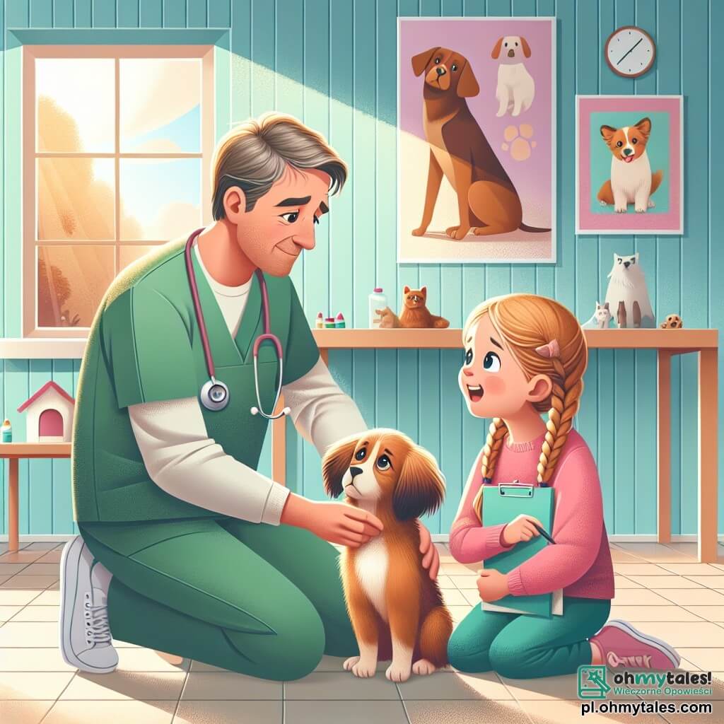 Ilustracja przedstawiająca ciepłą i przyjazną klinikę weterynaryjną, z pastelowo zielonymi ścianami i kolorowymi plakatami zwierząt na ścianach. W centrum mężczyzna w średnim wieku, z lekko siwiejącymi brązowymi włosami i stetoskopem na szyi, klęczy przed małym brązowym psem o smutnych oczach, oferując mu uspokajający głask. Obok niego młoda dziewczynka w wieku około 10 lat, z blond warkoczem i entuzjastycznym uśmiechem, uważnie obserwuje, trzymając notes i ołówek, gotowa do nauki. Scena emanuje atmosferą współczucia i troski, z zabawkami dla zwierząt porozrzucanymi po podłodze i oknem wpuszczającym światło słoneczne, oświetlającym przestrzeń. Pies wydaje się uspokojony obecnością mężczyzny, podczas gdy dziewczynka notuje spostrzeżenia, tworząc moment nauki i czułości.