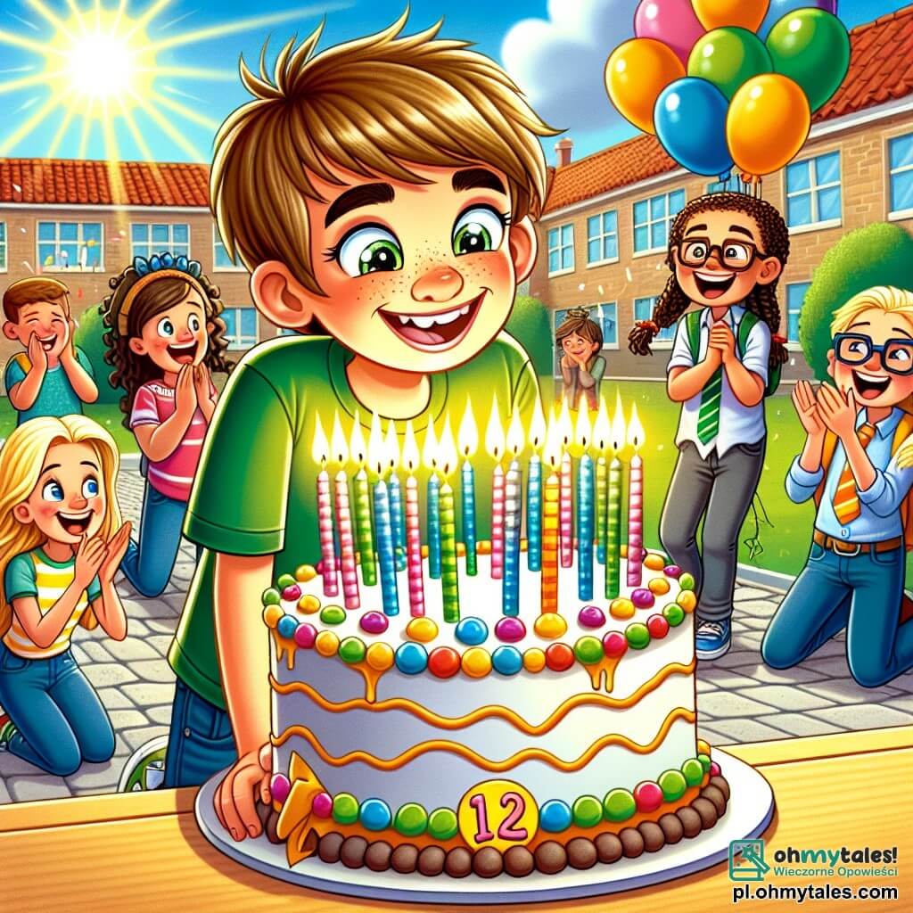 Une illustration sous forme de dessin destinée aux enfants représentant une scène joyeuse dans une cour d'école ensoleillée, où un garçon de 11 ans aux cheveux bruns et aux yeux pétillants, portant un t-shirt vert et des jeans bleus, souffle des bougies sur un grand gâteau d'anniversaire décoré de couleurs vives, entouré de ses camarades de classe, dont une fille aux cheveux blonds en tresse qui tient des ballons colorés et un garçon aux lunettes qui applaudit avec enthousiasme, tous célébrant ensemble une surprise d'anniversaire pleine de rires et de bonheur.