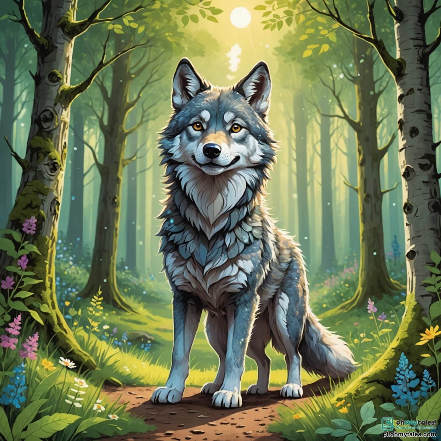 Une illustration destinée aux enfants représentant un loup au pelage argenté, aux yeux pétillants de curiosité et de gentillesse, se tenant fièrement au milieu d'une forêt enchantée où les rayons du soleil filtrent à travers les feuilles vertes des grands chênes et des bouleaux, illuminant le sol tapissé de fleurs sauvages colorées et de mousse douce, tandis qu'il cherche à se faire des amis parmi les autres animaux, comme un petit lapin aux grandes oreilles et un castor au sourire chaleureux, tous réunis autour d'un ruisseau scintillant où l'eau murmure des secrets de la nature.