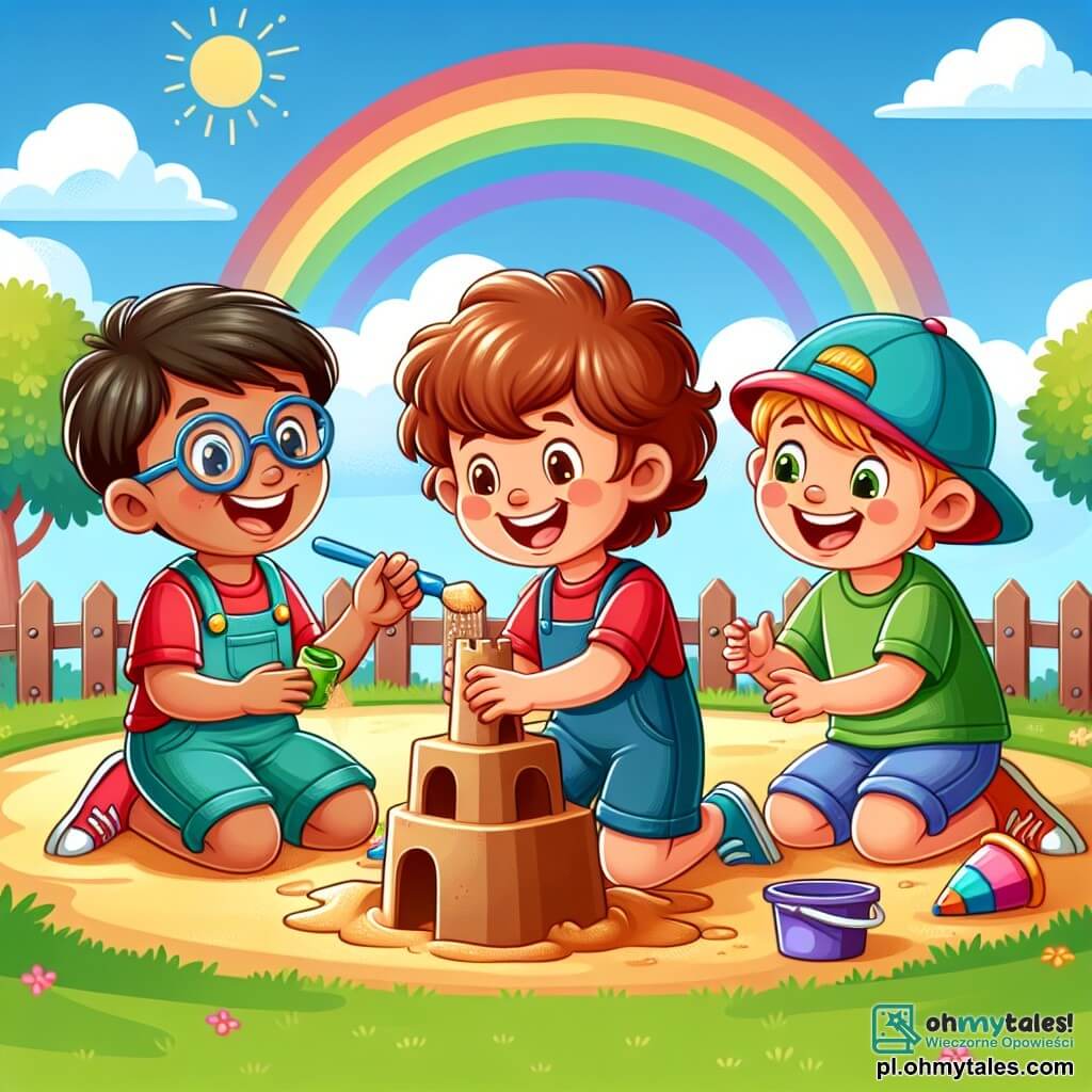 Une illustration sous forme de dessin destinée aux enfants représentant un parc ensoleillé avec un grand et coloré terrain de jeux, où un garçon de 7 ans aux cheveux bruns et bouclés, portant un t-shirt rouge et un short bleu, construit un château de sable avec enthousiasme, tandis que deux autres garçons de son âge, l'un avec des lunettes et un t-shirt vert, et l'autre avec une casquette bleue, l'aident joyeusement, tous riant ensemble et partageant un moment d'amitié et de complicité, entourés de jouets et d'une belle arc-en-ciel qui apparaît après une légère pluie.