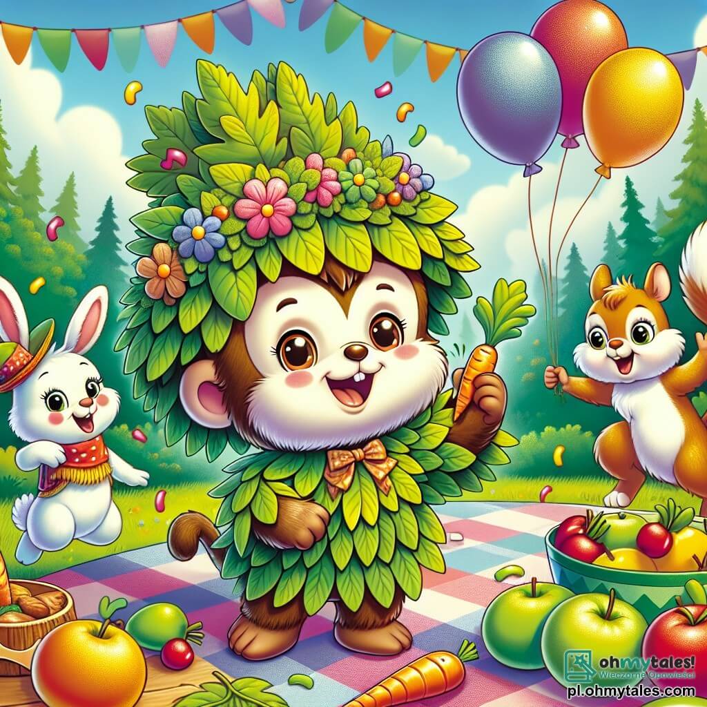 Une illustration sous forme de dessin destinée aux enfants représentant une joyeuse scène sur une polonaise verdoyante, où un petit singe aux poils bruns et au sourire espiègle, portant une pelisse de feuilles et un chapeau coloré, s'apprête à organiser une grande fête, entouré de ses amis : un adorable lapin au pelage blanc qui tient une carotte et une vive écureuil aux yeux pétillants qui danse avec un tambourin, tandis qu'en arrière-plan, des ballons colorés flottent dans l'air et des fruits juteux sont disposés sur une grande nappe, créant une atmosphère festive et amusante.