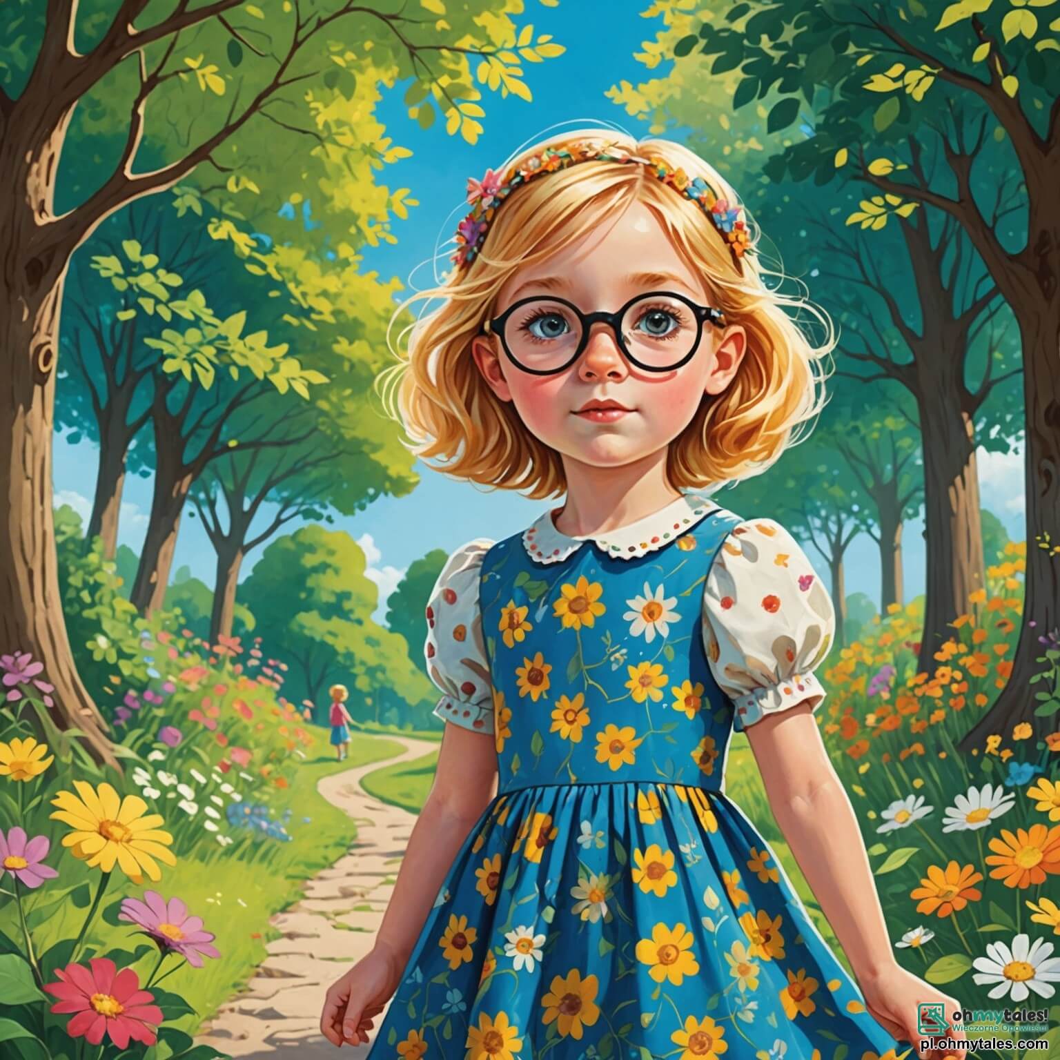 Une illustration destinée aux enfants représentant une petite fille aux cheveux dorés et aux yeux pétillants, vêtue d'une robe colorée ornée de motifs floraux, se tenant au milieu d'un parc verdoyant où les arbres majestueux s'élèvent vers un ciel d'un bleu éclatant, tandis qu'elle observe avec inquiétude les fleurs fanées et les déchets éparpillés autour d'elle, entourée de ses deux amis : un garçon aux lunettes rondes et un sourire espiègle, ainsi qu'une fille aux tresses rousses et au regard déterminé, tous trois unis dans leur quête pour sauver leur environnement en organisant une grande opération de nettoyage et de plantation de fleurs, afin de redonner vie à leur précieux havre de paix.