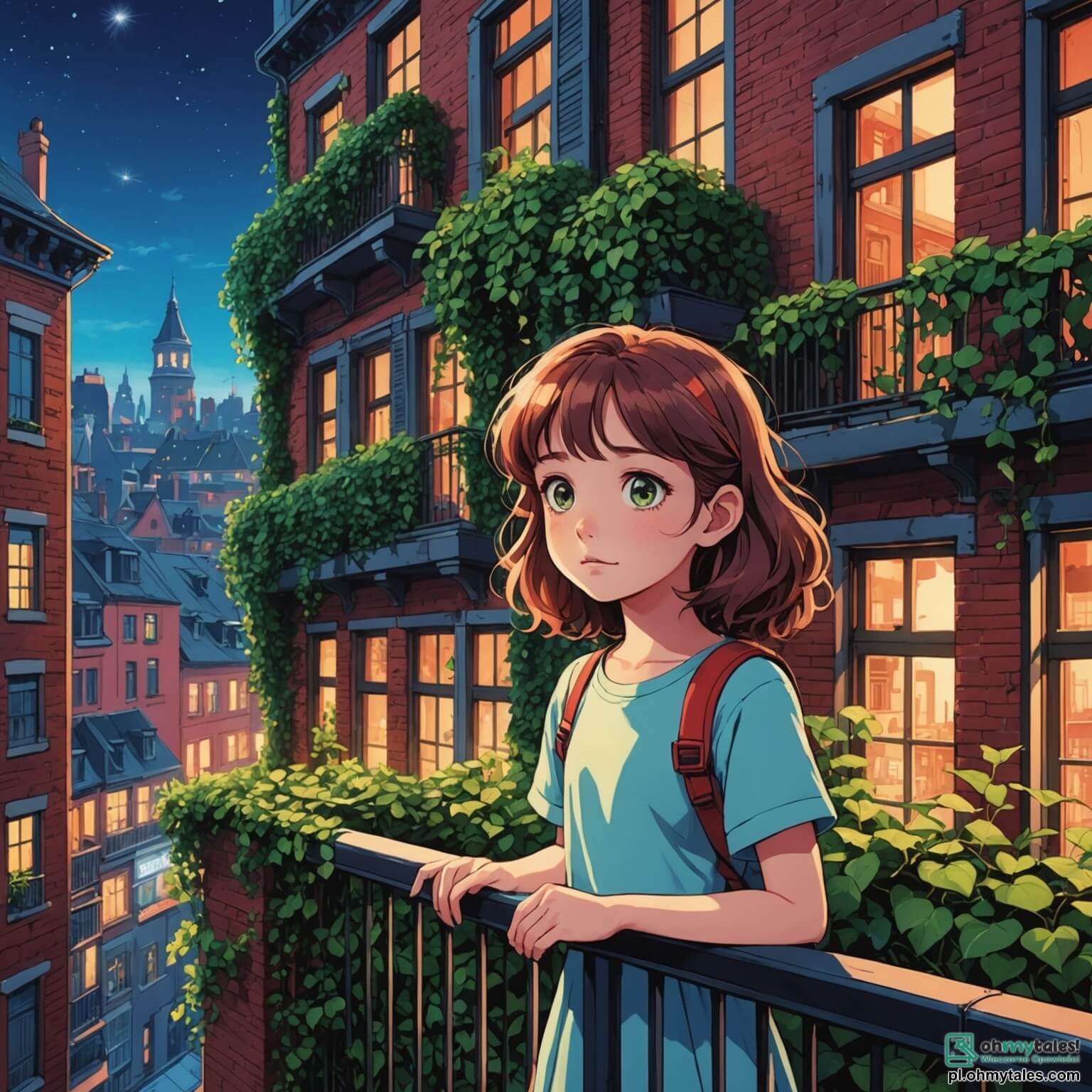Une illustration destinée aux enfants représentant une jeune fille aux yeux pétillants de curiosité, avec des cheveux bouclés et indomptés, se tenant sur un balcon d'un appartement coloré, entourée de murs de briques rouges recouverts de lierre verdoyant, tandis qu'elle scrute les rues animées d'une ville où la magie se mêle à la technologie, où des créatures fantastiques se cachent parmi les néons scintillants, et où elle se lance dans une quête palpitante pour sauver un monde secret, accompagnée d'un petit être vert espiègle à grandes oreilles, qui l'encourage avec enthousiasme, le tout dans une ambiance nocturne vibrante, illuminée par la lune brillante qui veille sur leurs aventures.