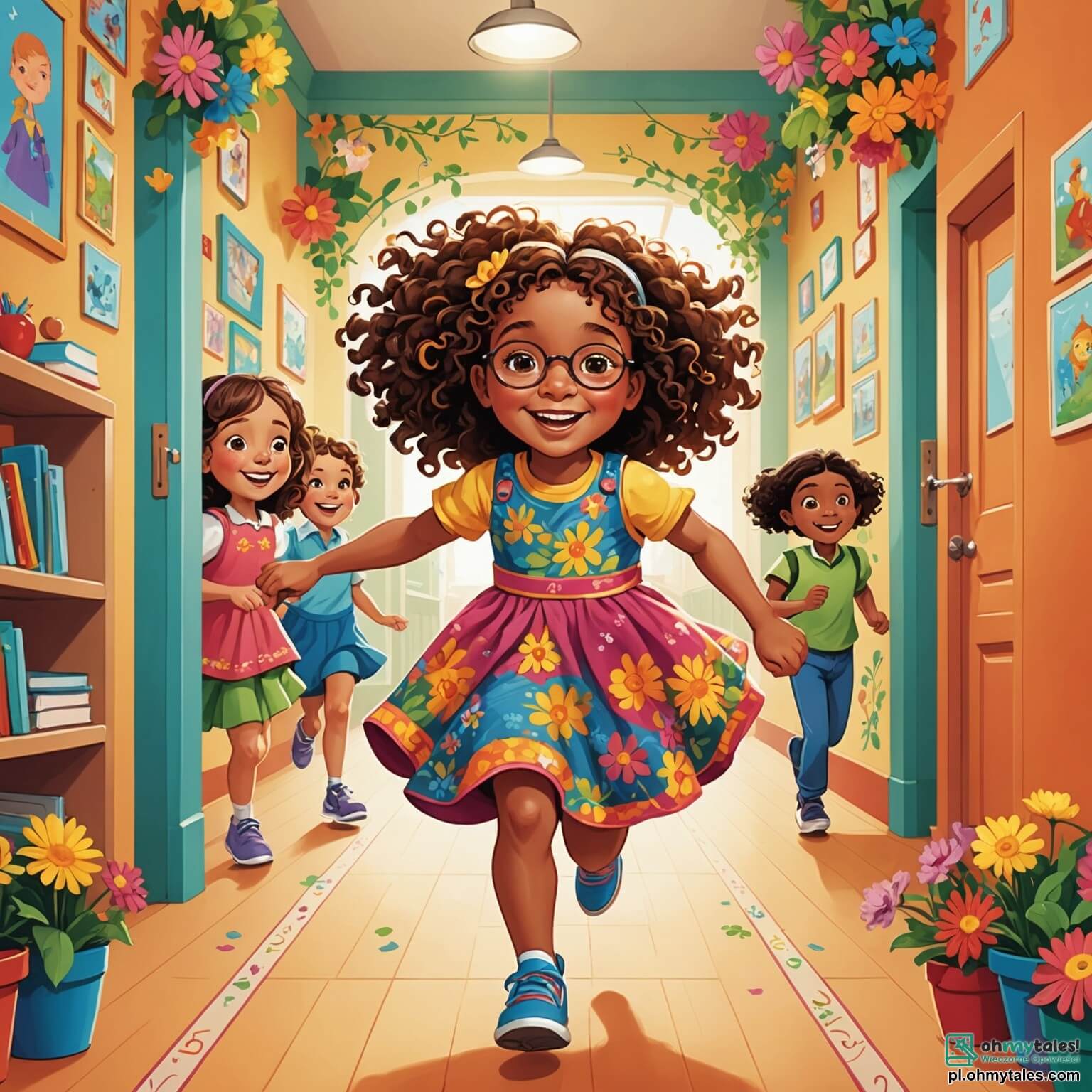 Une illustration destinée aux enfants représentant une petite fille aux cheveux bouclés et aux yeux pétillants, vêtue d'une robe colorée ornée de fleurs, courant joyeusement dans une école lumineuse aux murs peints de couleurs vives, où des dessins d'animaux et de paysages décorent les couloirs, tandis que des camarades de classe, un garçon aux lunettes et une autre fille avec des tresses, l'encouragent à participer à une course pleine de rires et d'excitation dans la cour de récréation, entourée de grands arbres aux feuilles vertes et d'un ciel bleu éclatant, créant une atmosphère de camaraderie et de joie.