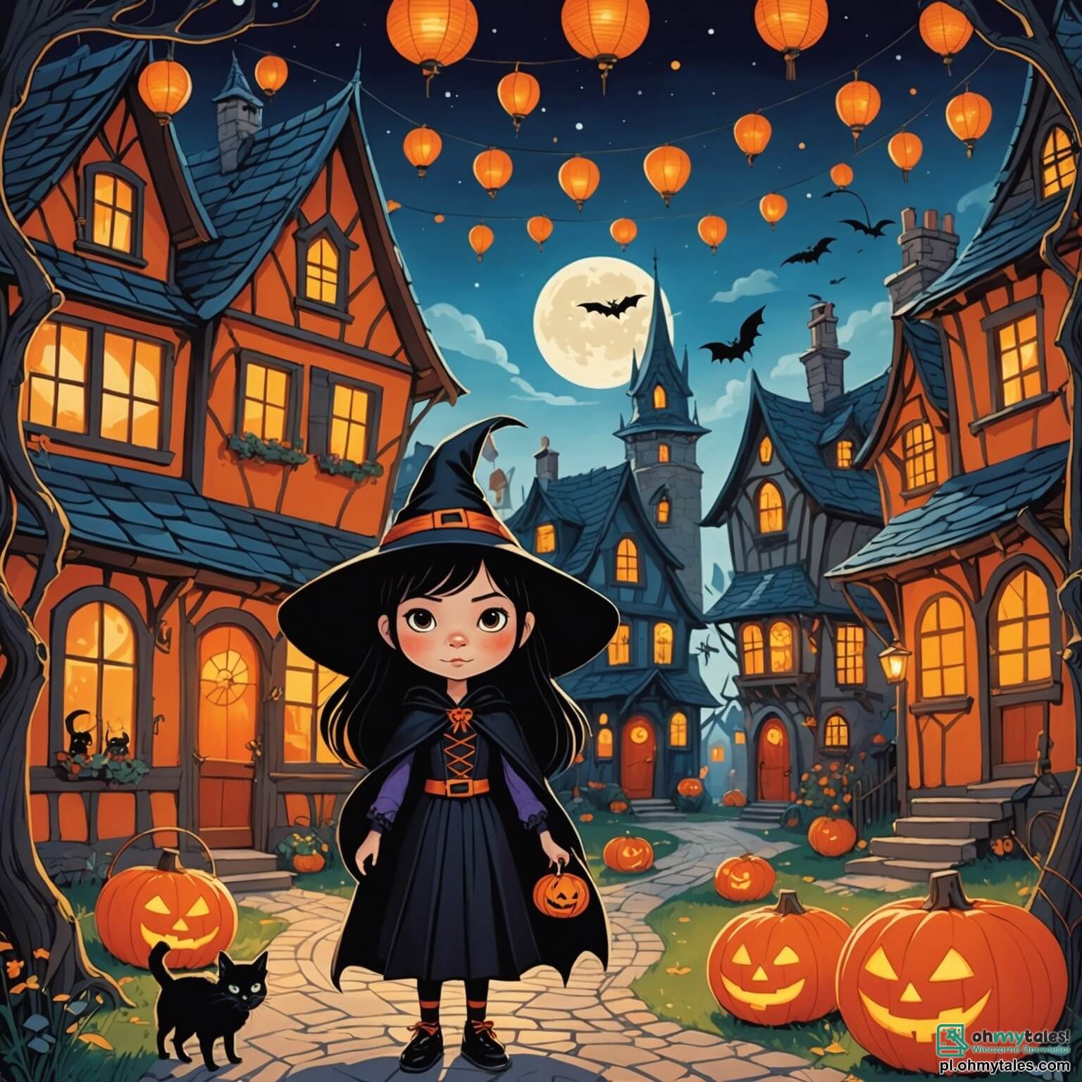 Une illustration destinée aux enfants représentant une petite fille aux longs cheveux noirs, vêtue d'une robe de sorcière ornée de toiles d'araignées scintillantes, qui se tient au milieu d'un village mystérieux aux maisons aux façades colorées et aux fenêtres illuminées par des lanternes orange, entourée de ses amis, un garçon déguisé en vampire avec des dents pointues et une cape flottante, ainsi qu'un chat noir aux yeux brillants, alors qu'ils s'apprêtent à vivre une aventure palpitante pour retrouver un précieux clé magique volée, dans une nuit d'Halloween où les ombres dansent et les feuilles mortes craquent sous leurs pas, créant une atmosphère à la fois effrayante et enchantée.