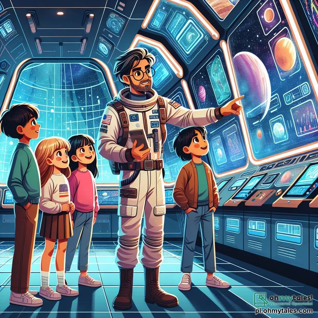 Une illustration sous forme de dessin destinée aux enfants représentant l'intérieur moderne et futuriste de la station spatiale EduKosmos, où un homme aux cheveux bruns et aux lunettes rondes, vêtu d'un uniforme d'astronaute, guide un groupe de quatre enfants (deux filles aux cheveux blonds et châtains, et deux garçons aux cheveux noirs et roux) qui observent avec émerveillement des écrans affichant des images de planètes et d'étoiles, tandis qu'ils se préparent à réaliser des expériences scientifiques fascinantes, illustrant ainsi l'esprit d'aventure et d'apprentissage au cœur de leur voyage spatial.