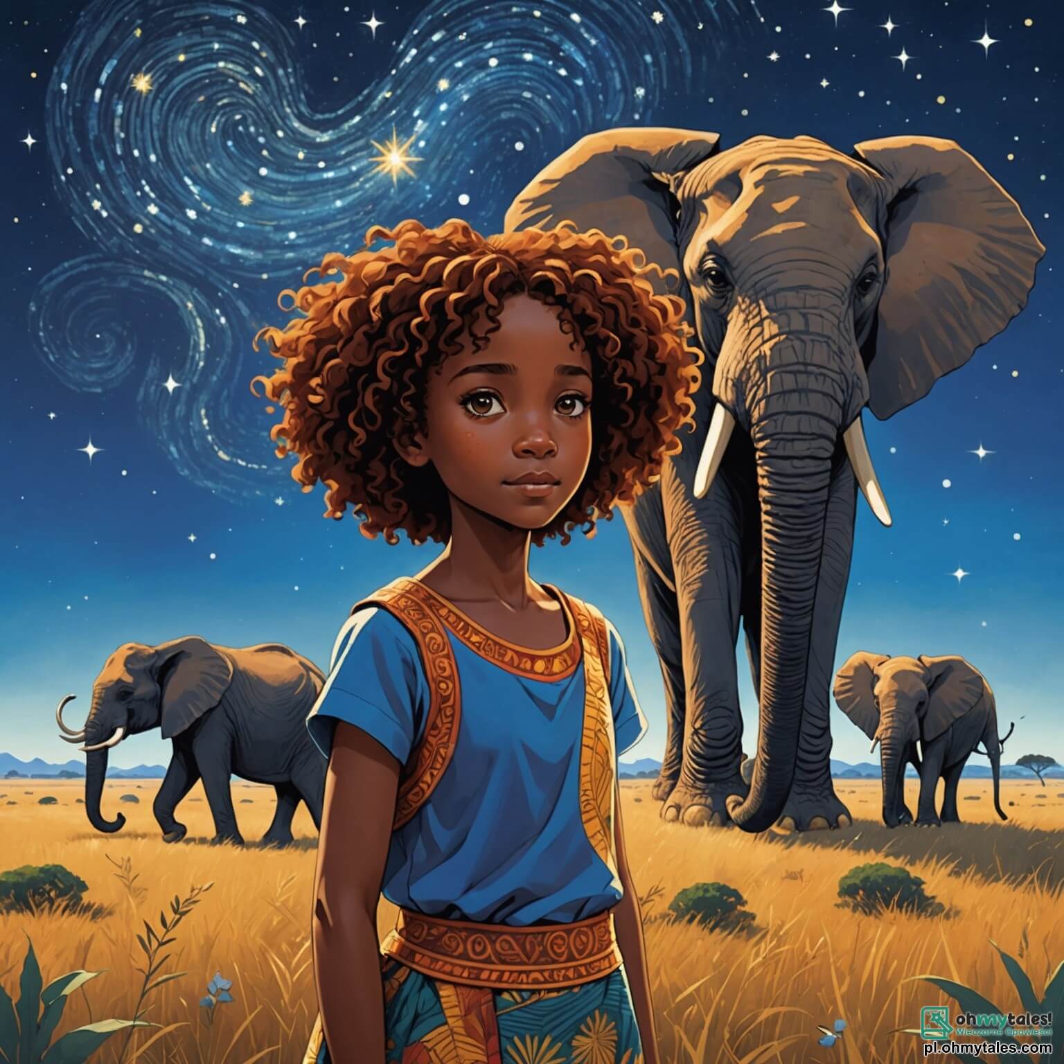 Une illustration destinée aux enfants représentant une femme à la peau d'un brun chaleureux, aux cheveux crépus et brillants comme la nuit étoilée, se tenant fièrement au cœur d'une vibrante savane africaine, où les acacias majestueux s'élèvent vers un ciel d'azur, tandis que des éléphants aux grandes oreilles se déplacent lentement à l'horizon, et où des enfants aux yeux pétillants de curiosité, vêtus de tissus colorés, l'écoutent attentivement raconter des histoires sur la nature et les animaux, tout en s'efforçant de préserver l'harmonie entre les humains et leur environnement, entourée de chants d'oiseaux et du doux murmure du vent dans les herbes dorées.