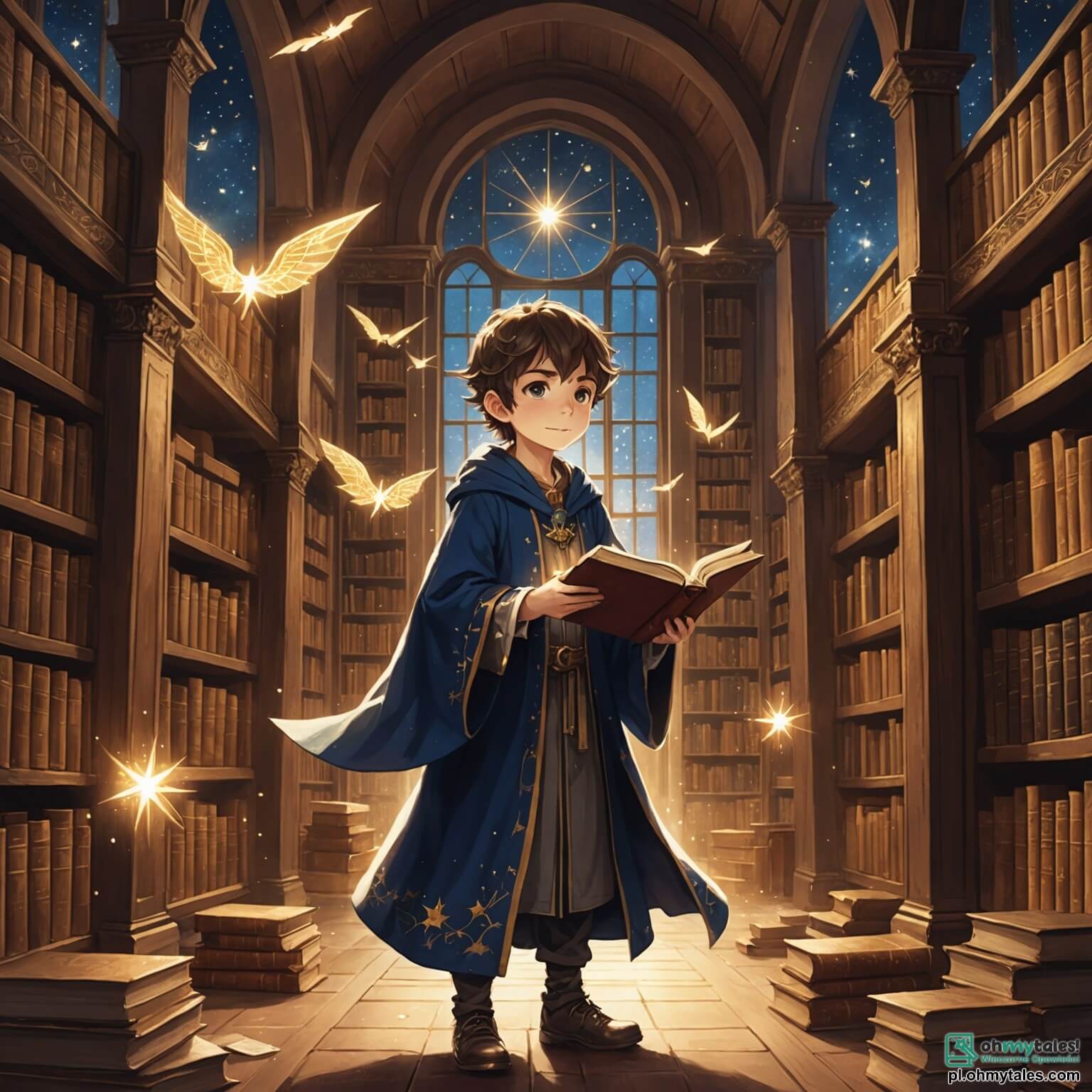 Une illustration destinée aux enfants représentant un jeune garçon aux yeux pétillants de curiosité, vêtu d'une robe de sorcier ornée d'étoiles scintillantes, se tenant au milieu d'une bibliothèque ancienne aux murs couverts de livres poussiéreux, où des parchemins volants dansent autour de lui, tandis qu'il s'apprête à découvrir un grimoire magique aux pages dorées, accompagné d'une petite elfe aux ailes translucides et scintillantes, dont le sourire espiègle illumine l'atmosphère mystérieuse de cet endroit enchanteur, où l'odeur de vieux papiers et d'herbes magiques se mêle à la lumière tamisée filtrant par de grandes fenêtres en vitraux colorés, et où chaque coin semble murmurer des secrets de sorcellerie oubliés.
