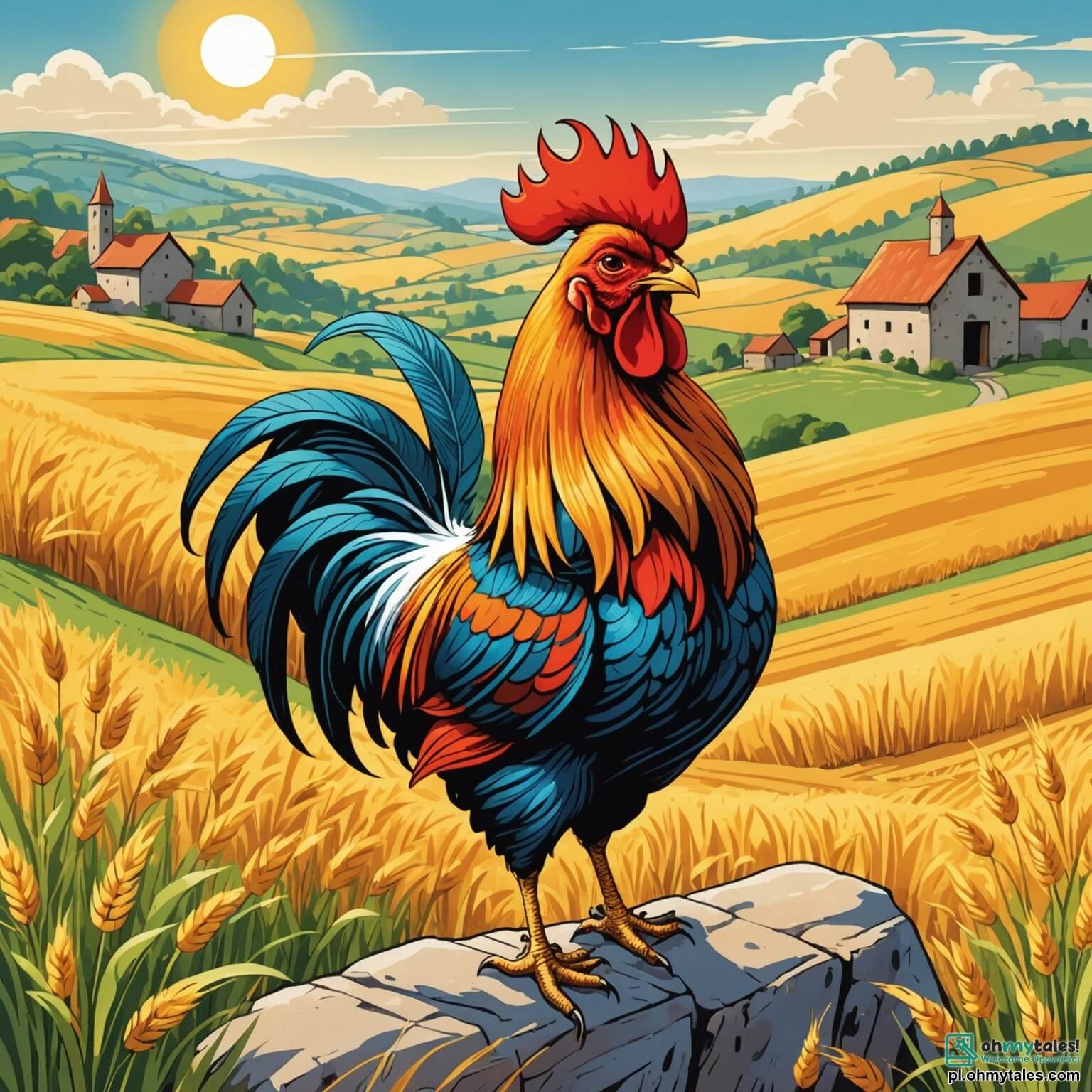 Une illustration destinée aux enfants représentant un coq au plumage flamboyant, avec un grésillement de couleurs vives qui scintillent sous le doux soleil du matin, se tenant fièrement sur un muret de pierre dans une paisible ferme entourée de champs dorés de blé ondulant au gré du vent, où il rêve d'aventures palpitantes au-delà des collines verdoyantes, tandis qu'à ses côtés, une sage poule aux plumes soyeuses l'observe avec bienveillance, et où, dans le lointain, se dessinent les silhouettes d'arbres majestueux et d'une forêt mystérieuse, promettant des rencontres inattendues et des leçons de vie à chaque tournant.