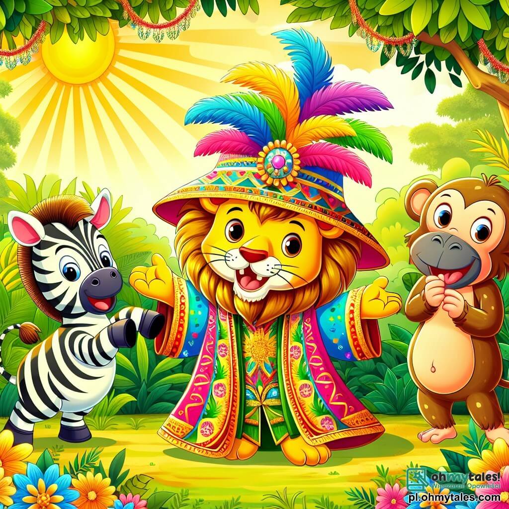 Une illustration sous forme de dessin destinée aux enfants représentant une scène ensoleillée dans une jungle luxuriante, où un lion au pelage doré, vêtu d'une robe colorée et d'un grand chapeau à plumes, danse joyeusement en faisant des grimaces, tandis qu'une zebra aux rayures noires et blanches rit aux éclats à ses côtés, et une petite singe aux yeux malicieux, suspendue à une branche, applaudit avec enthousiasme, le tout entouré de fleurs vives et d'arbres majestueux, capturant l'esprit ludique et amusant de leurs aventures.
