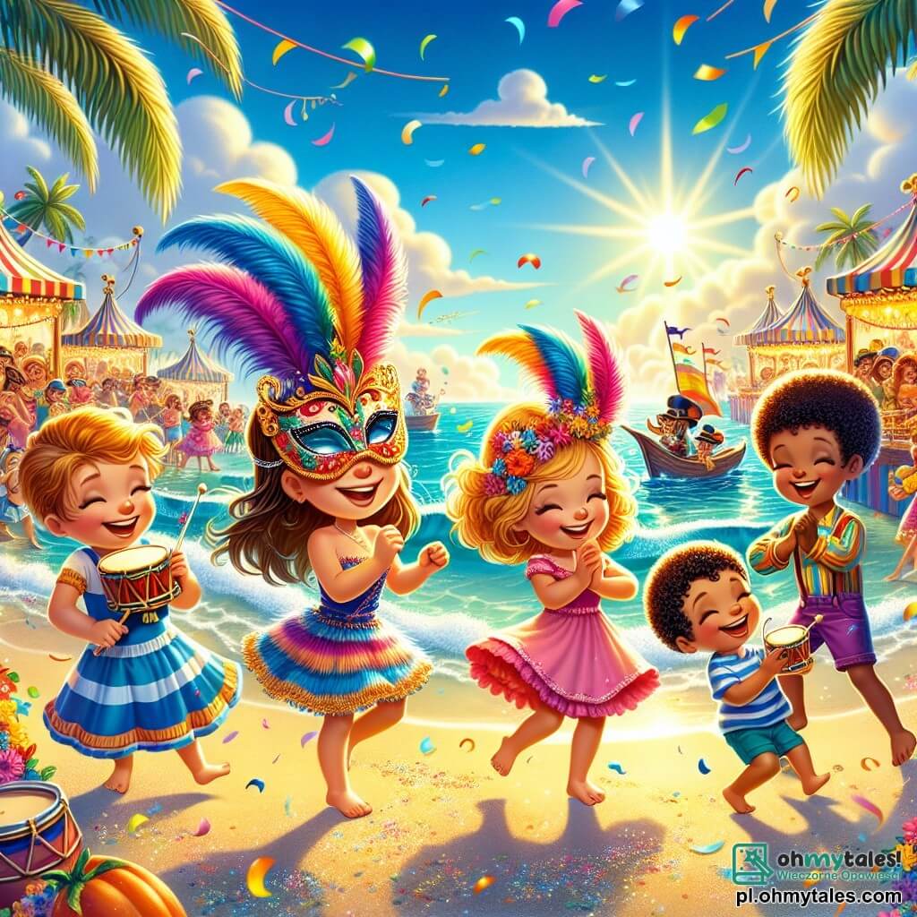 Ilustracja przedstawiająca żywą scenę karnawału na słonecznej plaży. Niebo jest jasnoniebieskie, usiane puszystymi białymi chmurami, a fale oceanu błyszczą w słońcu. W tle palmowe drzewa delikatnie się kołyszą, dodając tropikalnego klimatu do festiwalowej atmosfery. Na pierwszym planie mała dziewczynka w wieku około sześciu lat, z długimi brązowymi włosami i błyszczącymi oczami, nosi piękną kolorową maskę ozdobioną piórami i brokatem. Tańczy radośnie, z uniesionymi rękami, otoczona przez trzy przyjaciółki. Obok niej inna dziewczynka, również sześcioletnia, z blond włosami i różową sukienką, entuzjastycznie klaska. Trzecia dziewczynka, z kręconymi kasztanowymi włosami, uśmiecha się, trzymając kolorowy balon. Na koniec chłopiec w wieku sześciu lat, z czarnymi włosami i zabawnym kapeluszem, gra na małym bębnie. Scena jest wypełniona żywymi kolorami: konfetti unoszą się w powietrzu, girlandy kwiatów dekorują stoiska z jedzeniem, a postacie w ekstrawaganckich kostiumach radośnie tańczą wokół nich. Atmosfera jest pełna śmiechu, muzyki i magii, uchwycając ducha karnawału i przyjaźni dzieci.