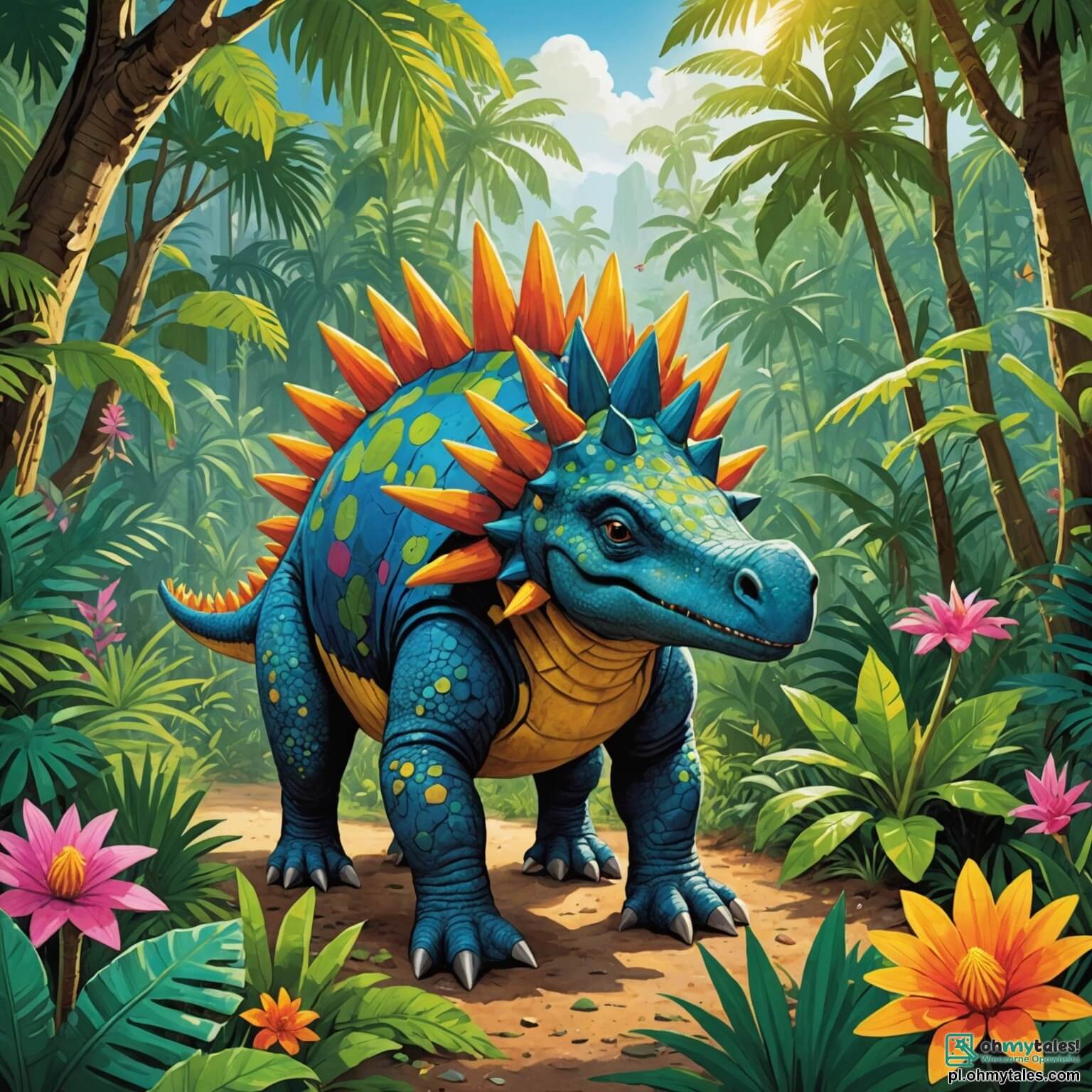 Une illustration destinée aux enfants représentant un stégosaure au dos hérissé de plaques colorées, se promenant joyeusement dans une densa et vibrante d jungle tropicale, où les rayons du soleil filtrent à travers un feuillage luxuriant, illuminant des fleurs éclatantes aux teintes vives, tandis qu'il est accompagné de son ami rapide et espiègle, un petit dinosaure au pelage chatoyant, tous deux en quête d'aventures palpitantes dans un monde rempli de mystères et de magie, où les cris joyeux des autres dinosaures résonnent dans l'air frais et parfumé de la nature.
