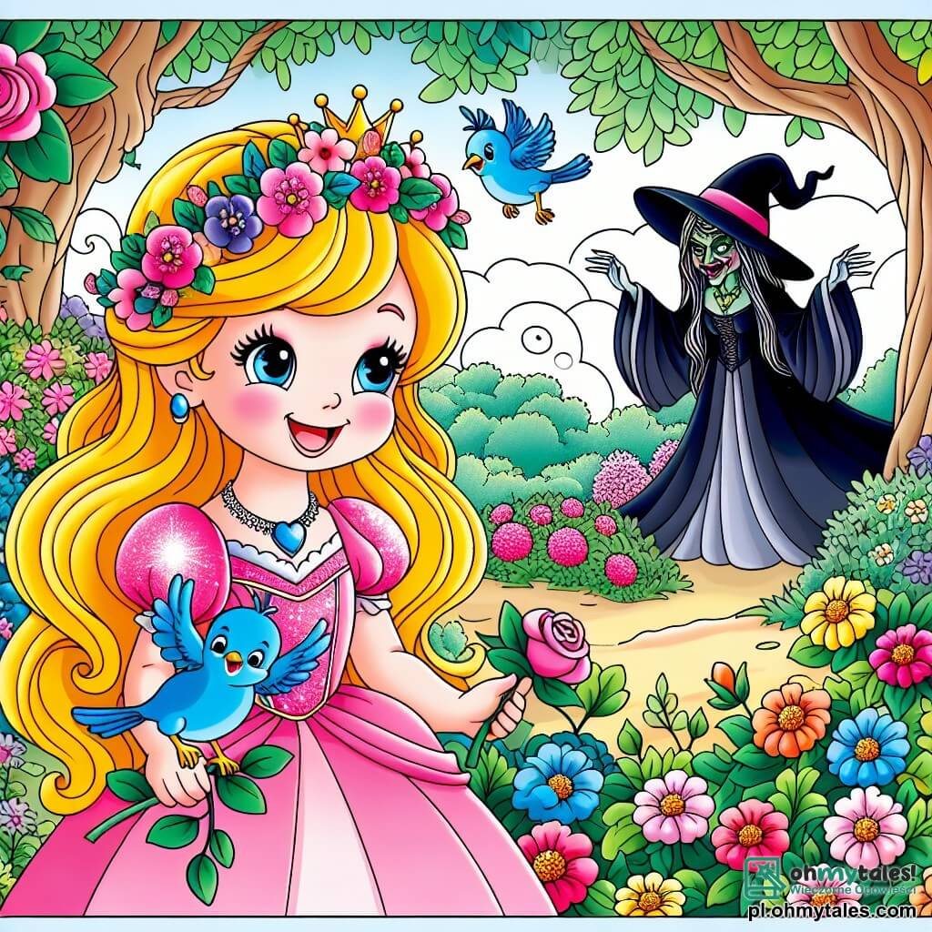 Une illustration sous forme de dessin destinée aux enfants représentant un magnifique jardin royal rempli de fleurs colorées et d'arbres majestueux, où une princesse aux longs cheveux dorés, vêtue d'une robe scintillante rose, sourit joyeusement tout en cueillant des fleurs, accompagnée d'un petit oiseau bleu aux ailes brillantes qui vole autour d'elle, alors qu'une ombre menaçante d'une sorcière aux cheveux noirs et au regard perçant se profile à l'arrière-plan, symbolisant le danger imminent qui pèse sur leur bonheur.