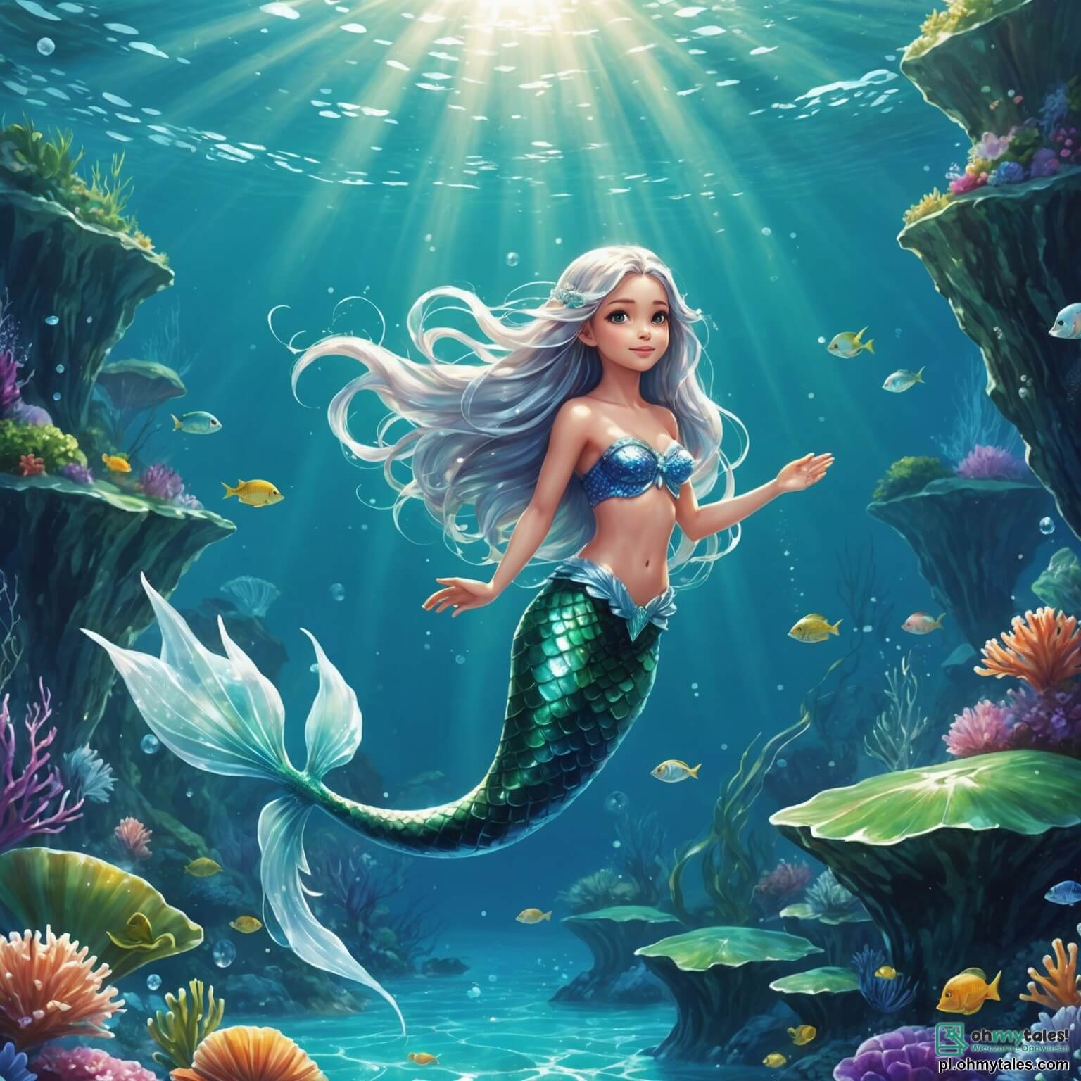 Une illustration destinée aux enfants représentant une magnifique sirène aux longs cheveux argentés flottant gracieusement dans les eaux cristallines d'une baie enchantée, où les rayons du soleil dansent à la surface de l'eau, créant des éclats de lumière semblables à des diamants, tandis qu'elle se prépare à partir à l'aventure avec ses amis, une courageuse sirène à la queue émeraude et un petit garçon aux yeux pétillants de curiosité, tous deux déterminés à retrouver un trésor perdu caché dans une mystérieuse grotte sous-marine, entourée de coraux multicolores et de poissons aux teintes éclatantes, dans un royaume sous-marin vibrant de magie et de merveilles.