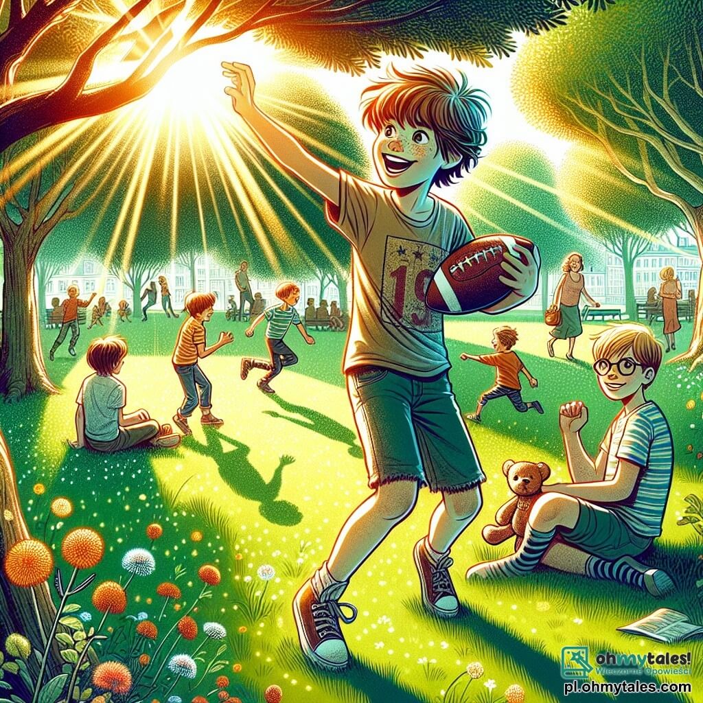 Ilustracja przedstawiająca słoneczny park, wypełniony bujną zielenią, z drzewami o lśniących liściach i kolorowymi kwiatami tańczącymi na wietrze. W centrum sceny stoi 11-letni chłopiec z rozczochranymi brązowymi włosami, w podartych koszulce i wyblakłych szortach, uśmiechający się radośnie, trzymając piłkę nożną pod pachą. Obok niego stoi inny chłopiec, również w wieku około 11 lat, z krótkimi blond włosami i okularami, który uważnie obserwuje, wyglądając nieco nieśmiało, trzymając małą maskotkę w ramionach. Główna sytuacja pokazuje obu chłopców bawiących się razem, pierwszy rzuca piłkę do drugiego, który z entuzjazmem szykuje się do jej złapania. W tle inne dzieci bawią się i śmieją, tworząc atmosferę koleżeństwa i radości, podczas gdy dorośli gromadzą się na ławkach, rozmawiając i ciesząc się chwilą. Promienie słońca przebijają się przez gałęzie drzew, dodając scenie ciepłego klimatu.