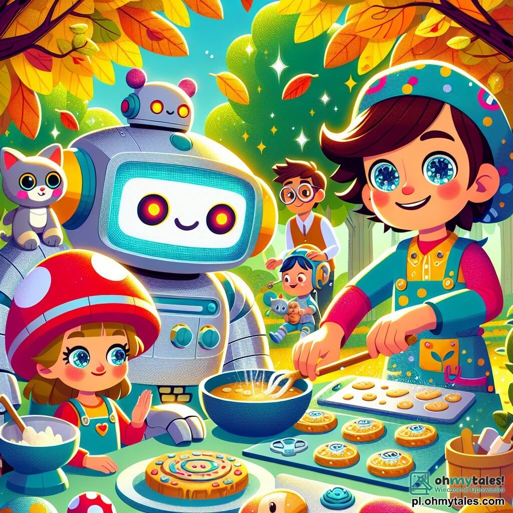 Une illustration sous forme de dessin destinée aux enfants représentant un parc futuriste aux couleurs vives, avec des arbres aux feuilles scintillantes et des robots amicaux, où un petit garçon aux cheveux bruns et aux yeux pétillants, vêtu d'une tunique colorée et d'un chapeau en forme de champignon, s'affaire à préparer des bułeczki en forme de robots avec ses amis, une petite fille aux cheveux blonds et un chat en peluche sur l'épaule, et un autre garçon aux lunettes rondes qui les aide à mélanger la pâte, tandis qu'un grand robot pâtissier souriant les observe avec bienveillance, le tout dans une ambiance joyeuse et créative, pleine de rires et de magie.