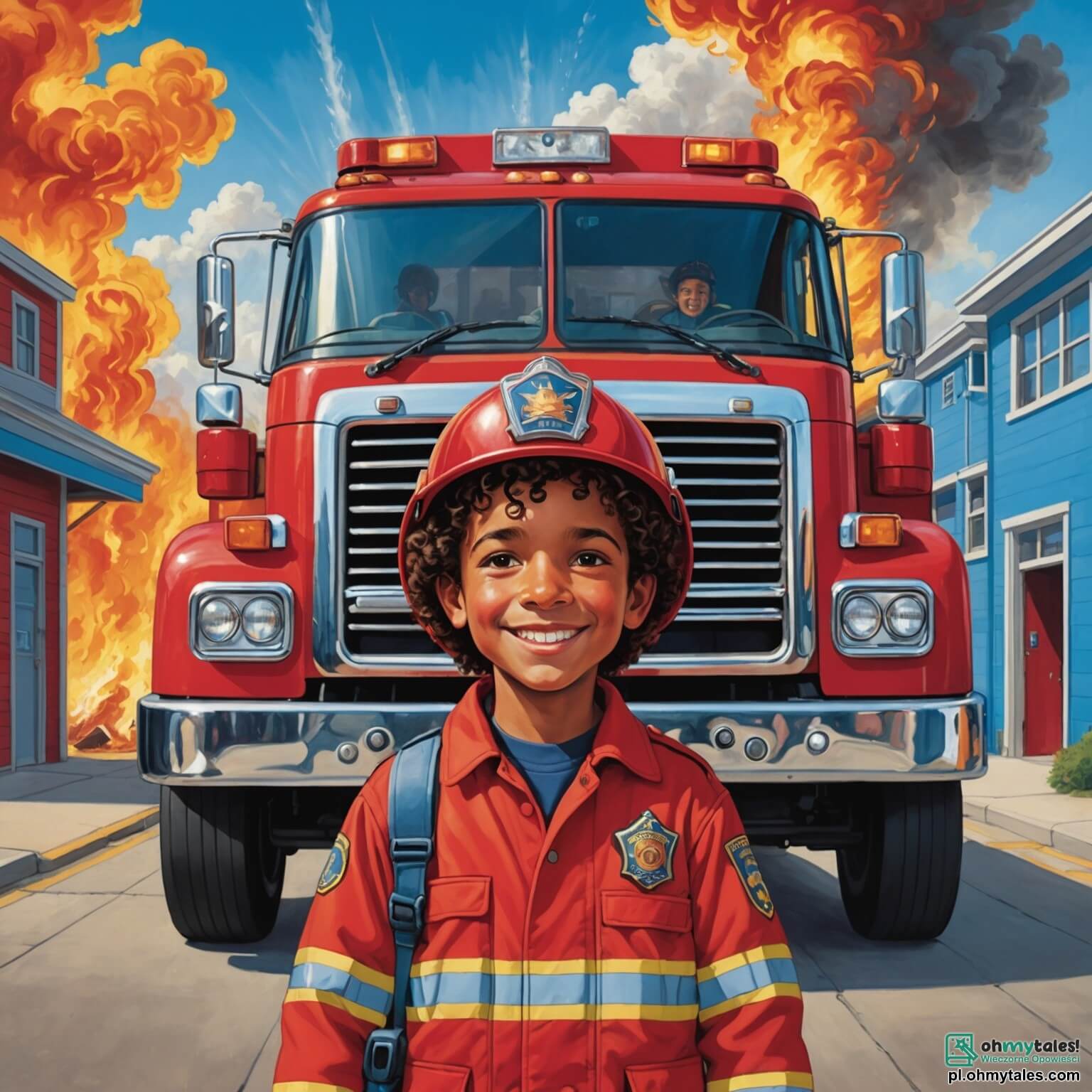 Une illustration destinée aux enfants représentant un courageux homme en uniforme rouge, avec un casque brillant et un sourire chaleureux, se tenant fièrement devant un grand camion de pompiers étincelant, garé dans une remorque de pompiers aux murs peints en bleu ciel, ornée de fresques colorées de flammes et de nuages, tandis qu'il explique avec passion aux deux enfants, une fille aux cheveux bouclés et des yeux pétillants d'excitation, ainsi qu'un garçon aux lunettes et aux mains pleines de terre, comment éteindre un feu et assurer la sécurité de leur petite ville, tout en se tenant sur le bitume chaud et brillant du parking, où le doux parfum de l'herbe fraîchement coupée se mêle à l'odeur des pneus en caoutchouc et à l'écho des rires d'autres enfants jouant autour d'eux.