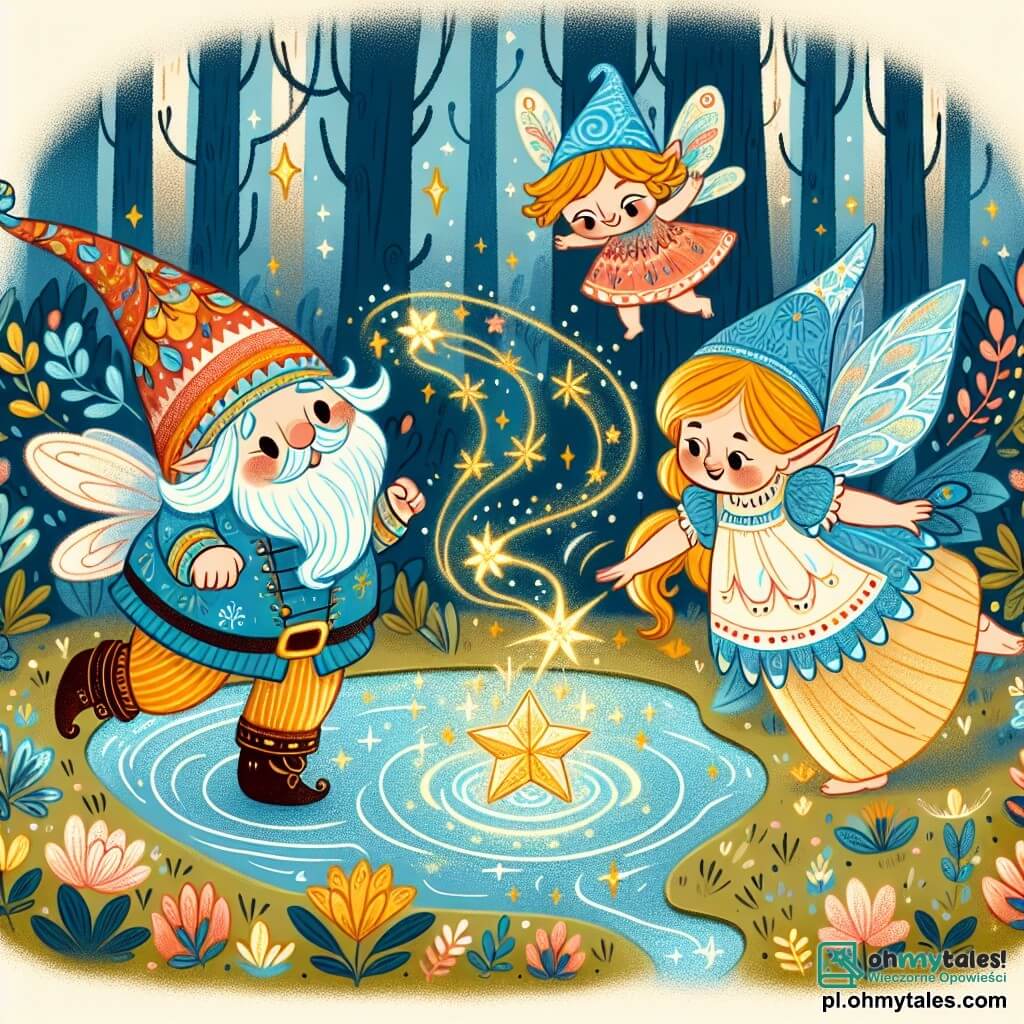 Une illustration sous forme de dessin destinée aux enfants représentant un magnifique et mystérieux staw secret au cœur d'une forêt enchantée, où un lutin joyeux aux cheveux bleus et portant une tunique colorée, danse autour de l'eau scintillante, tandis qu'une petite fée aux cheveux dorés et une lapin espiègle aux grandes oreilles les observent avec émerveillement, tous trois partageant un moment de magie et de rires, alors qu'ils découvrent le pouvoir des souhaits et l'importance de l'amitié.