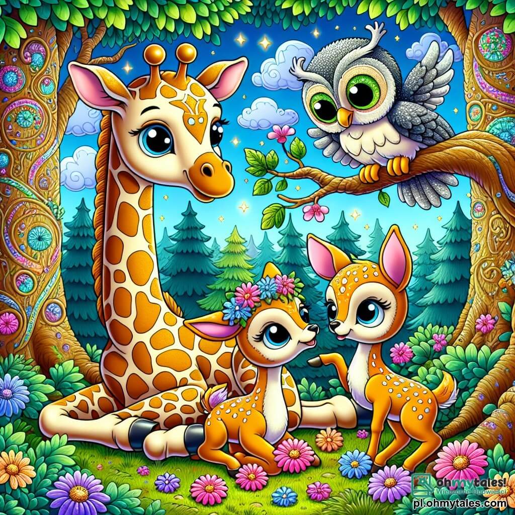 Une illustration sous forme de dessin destinée aux enfants représentant une forêt enchantée avec des arbres majestueux aux feuilles scintillantes, au centre une girafe au long cou ornée de taches colorées, penchée pour parler à deux petites sœurs enjouées, des sœurs cerfs aux yeux pétillants, qui rassemblent des fleurs multicolores, tandis qu'une sage chouette aux plumes argentées les observe depuis une branche, capturant l'instant où les amis découvrent la magie de l'entraide et de la nature.