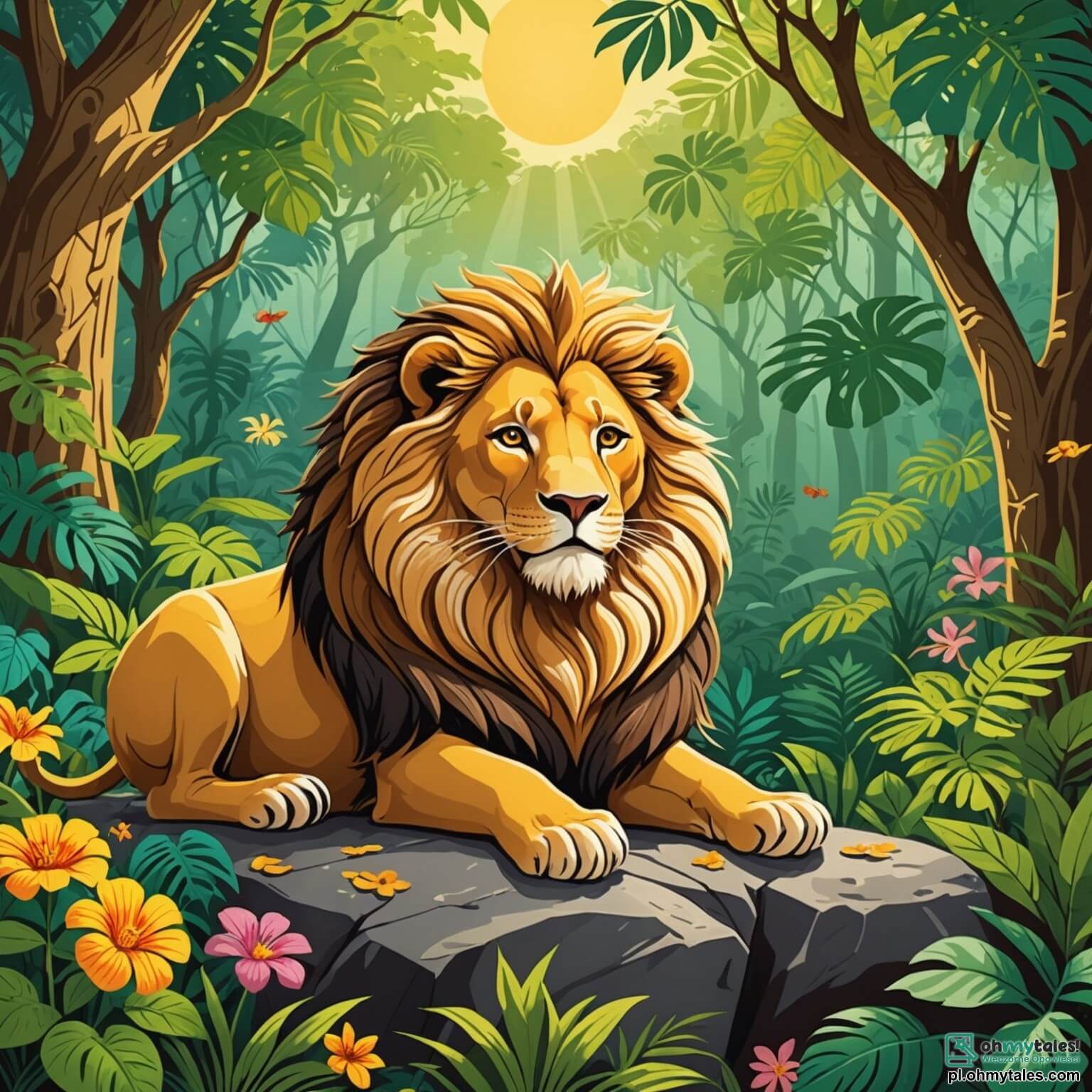Une illustration destinée aux enfants représentant un lion majestueux, avec une crinière dorée scintillante au soleil, paresseusement allongé sur un rocher ombragé au cœur d'une densa jungle luxuriante, où les feuilles vertes brillent de mille feux et les fleurs colorées dansent au rythme du vent, tandis qu'une malicieuse petite maïpoule, espiègle et pleine d'énergie, se faufile entre les branches, cherchant à réveiller le roi des animaux pour l'entraîner dans des aventures amusantes.