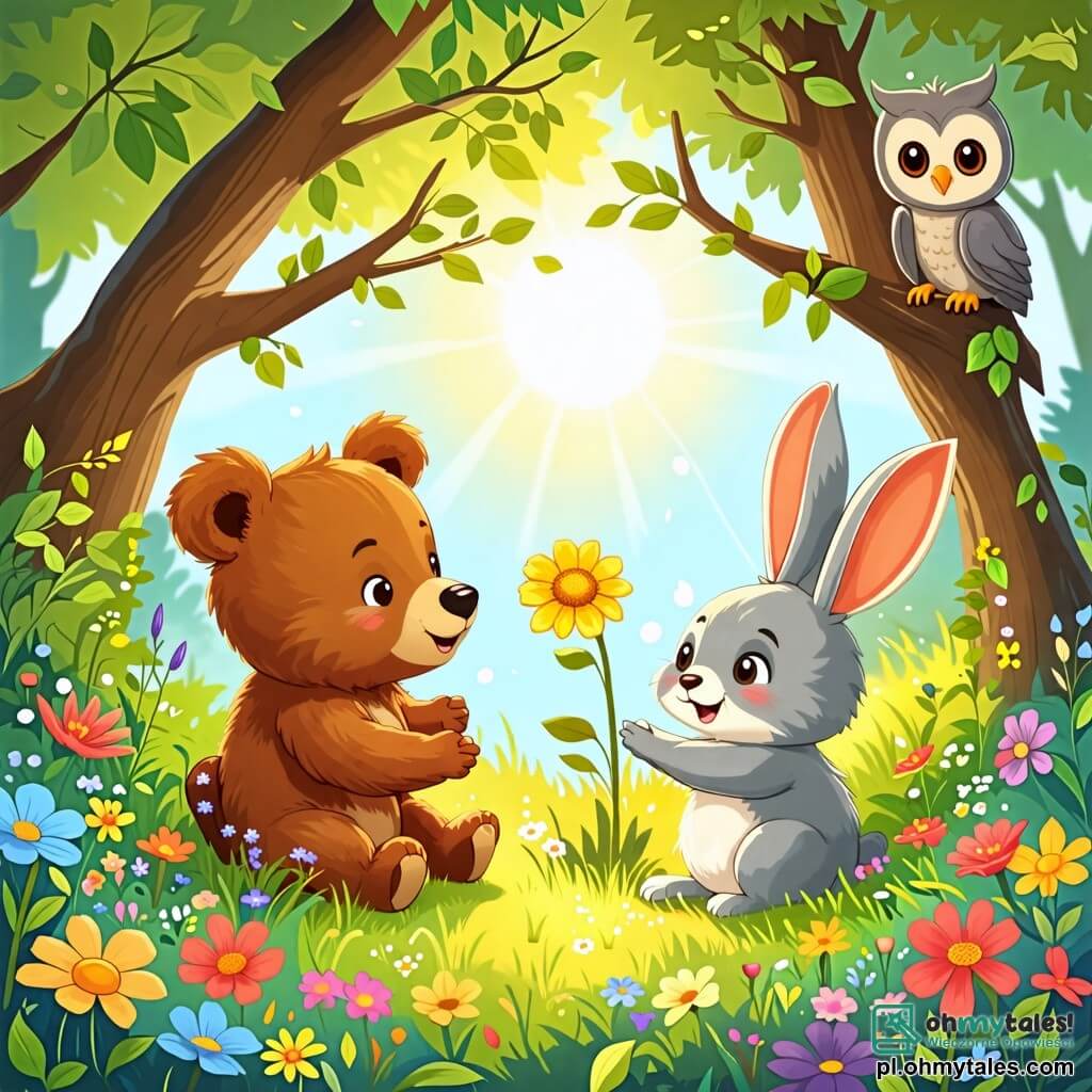 Une illustration sous forme de dessin destinée aux enfants représentant une clairière ensoleillée dans une forêt verdoyante, où une petite ourse brune aux yeux pétillants et au pelage doux se penche avec curiosité vers un éclatant fleur dorée, tandis qu'un joyeux lapin aux grandes oreilles et au pelage blanc s'approche en sautillant, et une petite chouette aux plumes grises les observe depuis une branche, tous unis dans un moment de partage et de découverte, entourés de fleurs colorées et d'arbres majestueux.