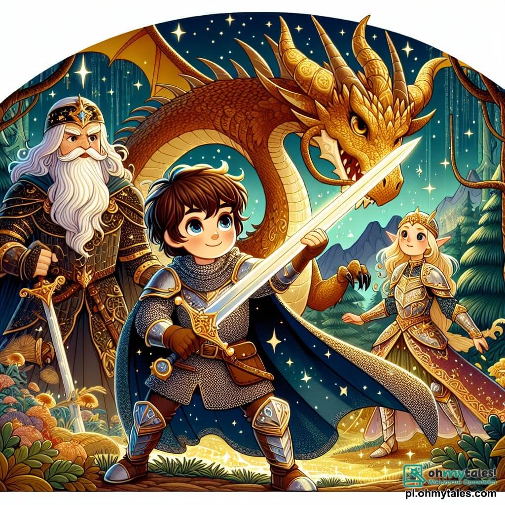 Une illustration sous forme de dessin destinée aux enfants représentant une scène épique dans une forêt enchantée, où un jeune chevalier courageux, un garçon aux cheveux bruns et aux yeux pétillants, brandit une épée scintillante face à un immense dragon aux écailles dorées, tandis qu'une guerrière intrépide, une fille aux longs cheveux blonds et à l'armure étincelante, se tient à ses côtés, prête à l'aider, et un sage magicien, un homme âgé avec une longue barbe blanche et une robe étoilée, observe la scène avec un regard déterminé, alors qu'ils se préparent à affronter le défi de la quête pour sauver leur royaume.