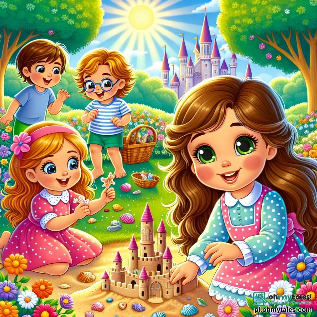 Illustration destinée aux enfants représentant un parc ensoleillé, rempli de fleurs colorées et d'arbres verdoyants, où des enfants jouent joyeusement. Au premier plan, une petite fille de 3 ans avec de longs cheveux bruns et des yeux pétillants, portant une robe rose à pois blancs, est en train de construire un château de sable avec enthousiasme. À ses côtés, une autre petite fille aux cheveux blonds et bouclés, vêtue d'une t-shirt bleu, sourit en ajoutant des coquillages au château, tandis qu'un petit garçon aux cheveux châtains et aux lunettes rondes, habillé d'un short vert, les regarde avec un air malicieux, prêt à raconter une histoire de dragon. L'atmosphère est joyeuse et ludique, avec des rires d'enfants en arrière-plan, symbolisant l'innocence et l'importance de l'honnêteté dans l'amitié.