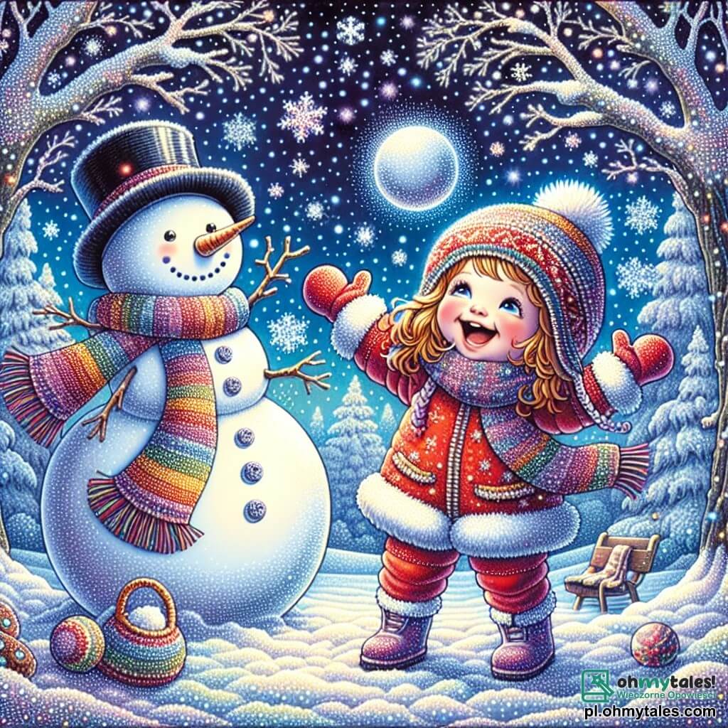 Une illustration sous forme de dessin destinée aux enfants représentant un paysage hivernal féerique avec un sol recouvert de neige étincelante, au centre une petite fille de 1 an avec des joues roses, portant une combinaison rouge et un bonnet en tricot, riant joyeusement en lançant une boule de neige, tandis qu'à côté d'elle se tient un grand baigneur en forme de bonhomme de neige avec un chapeau noir et une écharpe colorée, souriant et levant les bras pour attraper la neige, le tout sous un ciel bleu clair parsemé de flocons de neige tombants, illustrant la magie d'une journée d'hiver pleine de jeux et de rires.