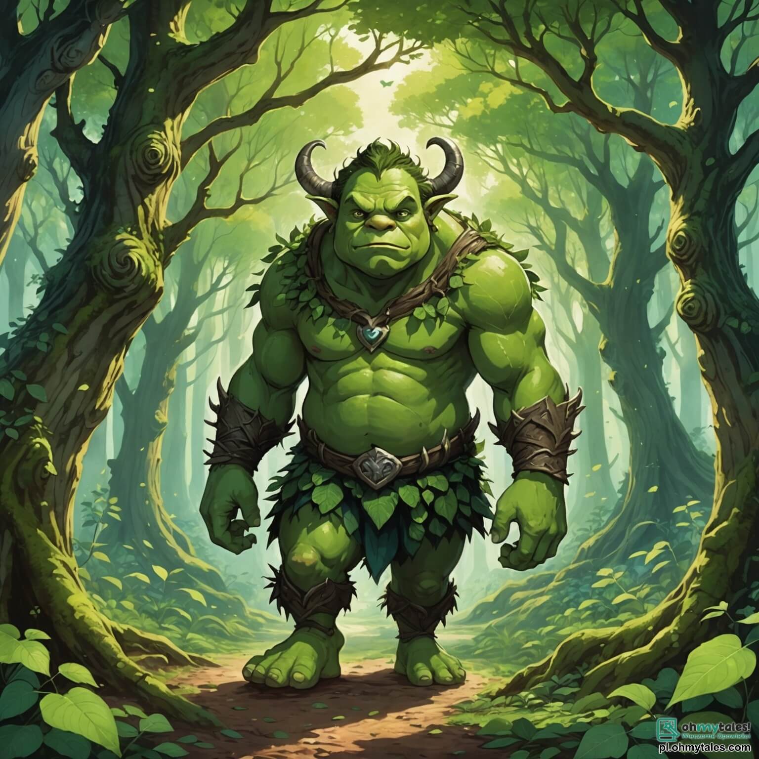 Une illustration destinée aux enfants représentant un ogre au cœur d'une forêt enchantée, où les arbres majestueux aux troncs noueux et aux feuilles scintillantes dansent au rythme du vent, se tient là, un jeune garçon à la peau verte et aux yeux brillants comme des émeraudes, dont le cœur est lourd de solitude, car il aspire à se faire des amis dans ce monde où les créatures fantastiques, comme les fées pétillantes et les elfes malicieux, l'observent avec méfiance, tandis qu'il se tient devant sa petite chaumière en bois, recouverte de mousse et entourée de fleurs luminescentes, rêvant d'aventures et d'amitiés sincères.