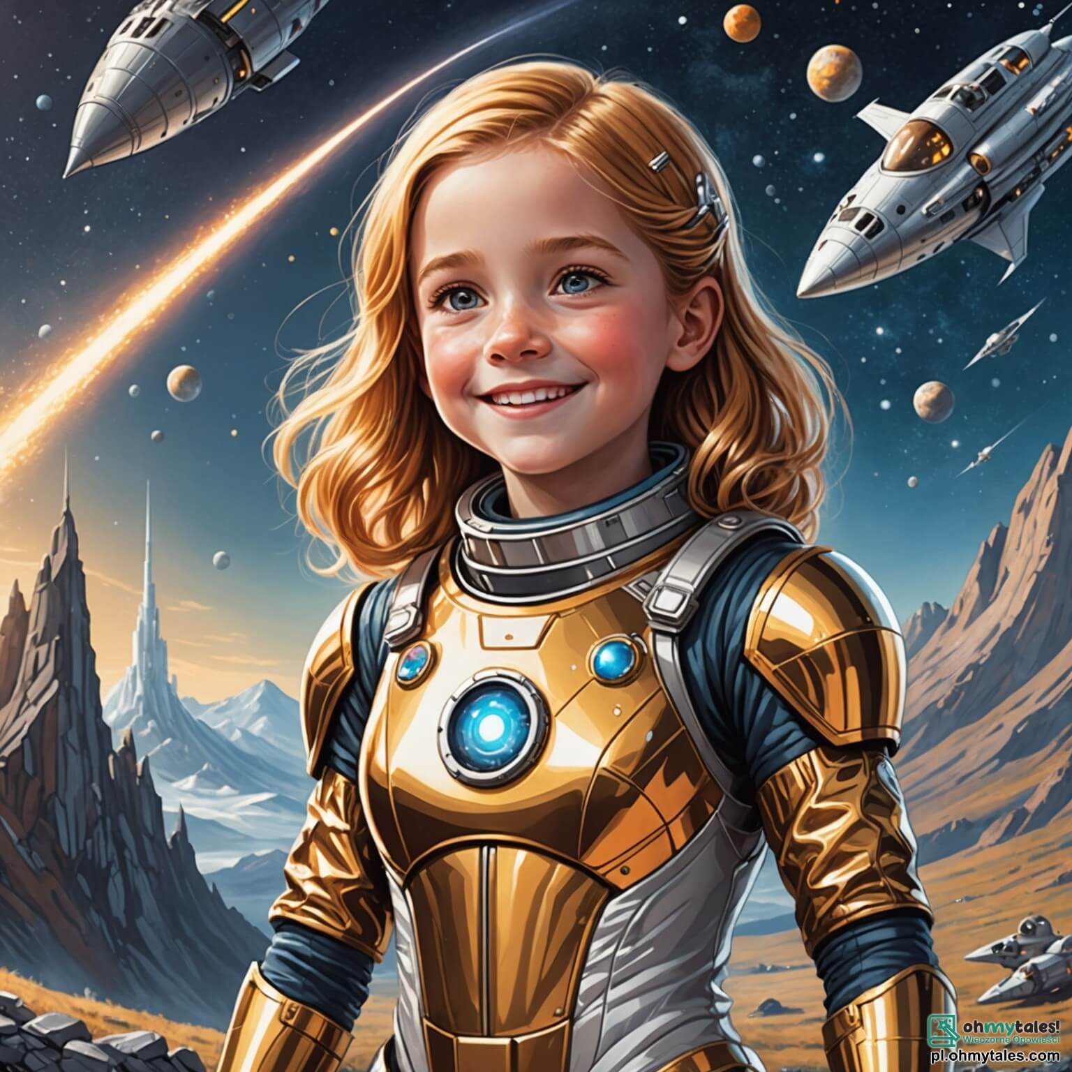 Une illustration destinée aux enfants représentant une jeune fille aux cheveux dorés et aux yeux pétillants, vêtue d'une combinaison spatiale scintillante, se tenant avec émerveillement devant un grand vaisseau spatial argenté, prêt à s'envoler vers les étoiles, tandis qu'à ses côtés, une astronaute chevronnée aux cheveux bruns et aux traits bienveillants lui sourit avec encouragement, le tout se déroulant dans un paysage de lancement spectaculaire, où des montagnes majestueuses se dressent à l'horizon, des nuages cotonneux flottent dans un ciel azur, et des éclats de lumière émanent des panneaux solaires scintillants du vaisseau, créant une atmosphère magique et pleine de promesses d'aventures intergalactiques.