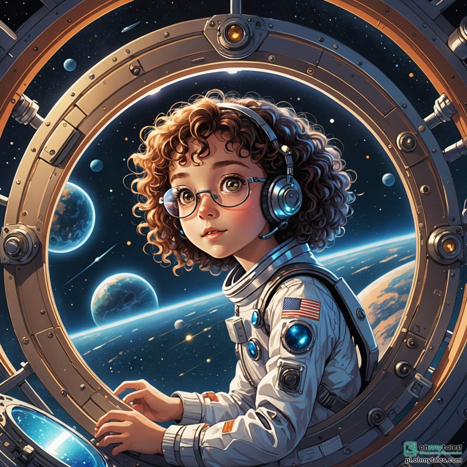 Une illustration destinée aux enfants représentant une jeune fille aux cheveux bouclés et aux yeux pétillants, vêtue d'une combinaison spatiale scintillante, flottant avec émerveillement dans un vaisseau spatial rempli de panneaux de contrôle lumineux et de cartes stellaires, tandis qu'un garçon aux lunettes épaisses, son meilleur ami, observe avec fascination les étoiles à travers un hublot, le tout se déroulant dans l'immensité du cosmos, où des planètes colorées et des nébuleuses éclatantes dansent autour d'eux comme des rêves envoûtants.