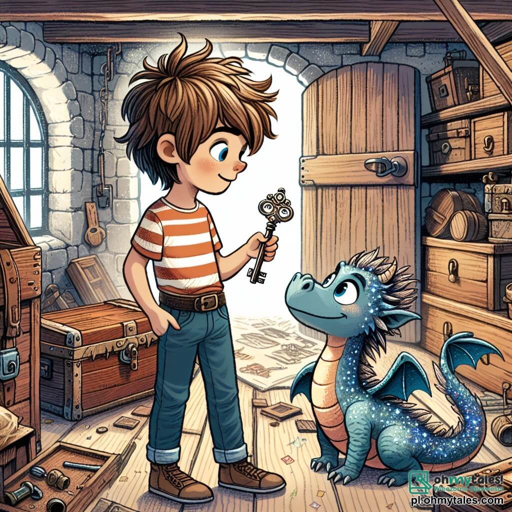 Une illustration sous forme de dessin destinée aux enfants représentant un vieux strych poussiéreux rempli de vieux meubles et de boîtes en bois, où un garçon de 11 ans aux cheveux châtains en bataille, vêtu d'un t-shirt rayé et de jeans, tient un mystérieux clé brillante dans sa main, tandis qu'un petit dragon bleu aux écailles scintillantes et aux yeux pétillants l'observe avec curiosité, alors qu'ils se préparent à ouvrir une porte secrète menant à un monde magique rempli d'aventures et de créatures fantastiques.