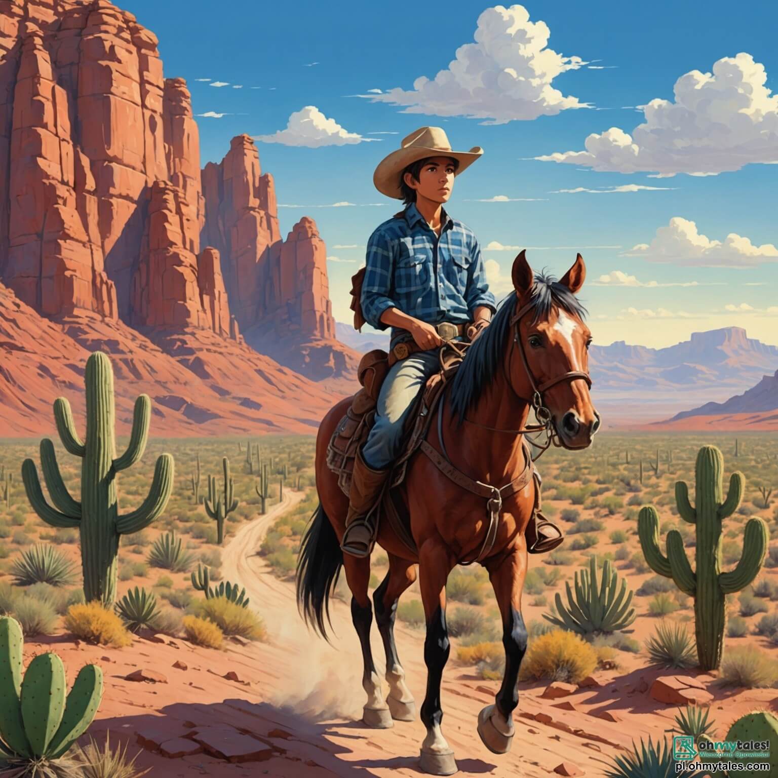Une illustration destinée aux enfants représentant un jeune homme au regard déterminé, vêtu d'un chapeau de cow-boy usé et d'une chemise à carreaux, chevauchant un cheval robuste à travers un vaste paysage désertique parsemé de cactus géants et de rochers rouges sous un ciel bleu éclatant, tandis qu'il se dirige vers une petite wioska indienne, où un sage vieil homme aux cheveux argentés l'attend, prêt à l'aider dans sa quête pour défendre la justice contre un vilain cow-boy avide.