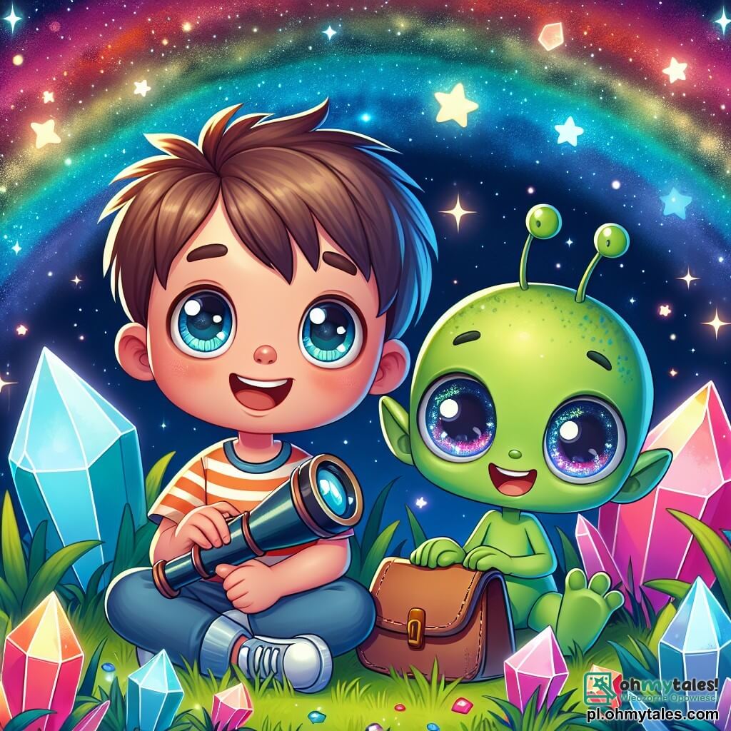 Une illustration sous forme de dessin destinée aux enfants représentant un jardin cosmique aux couleurs vives, avec un garçon de 5 ans aux cheveux bruns et aux yeux pétillants, assis dans l'herbe, tenant une petite lunette d'astronome, tandis qu'à ses côtés se trouve un petit extraterrestre vert aux grandes oreilles et aux yeux scintillants, qui sourit joyeusement, alors qu'ils rassemblent ensemble des cristaux colorés qui brillent sous la lumière des étoiles, illustrant leur amitié naissante et leur quête pour retrouver les cristaux magiques perdus.