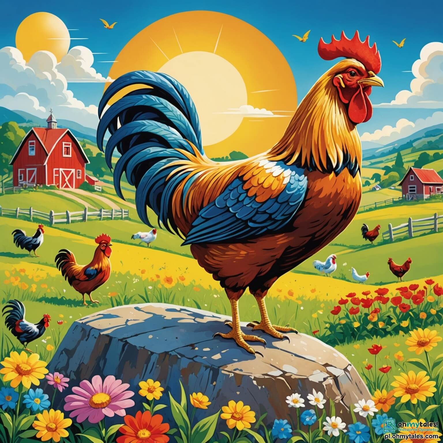 Une illustration destinée aux enfants représentant une poule dorée et pétillante, qui se tient fièrement sur un gros rocher au milieu d'une ferme colorée, entourée de champs verdoyants, de fleurs éclatantes et d'un ciel bleu azur, tandis qu'un drôle de coq, son ami un peu maladroit, tente de l'impressionner avec ses cabrioles comiques, alors qu'ils préparent ensemble une fête joyeuse pour tous les animaux de la ferme.