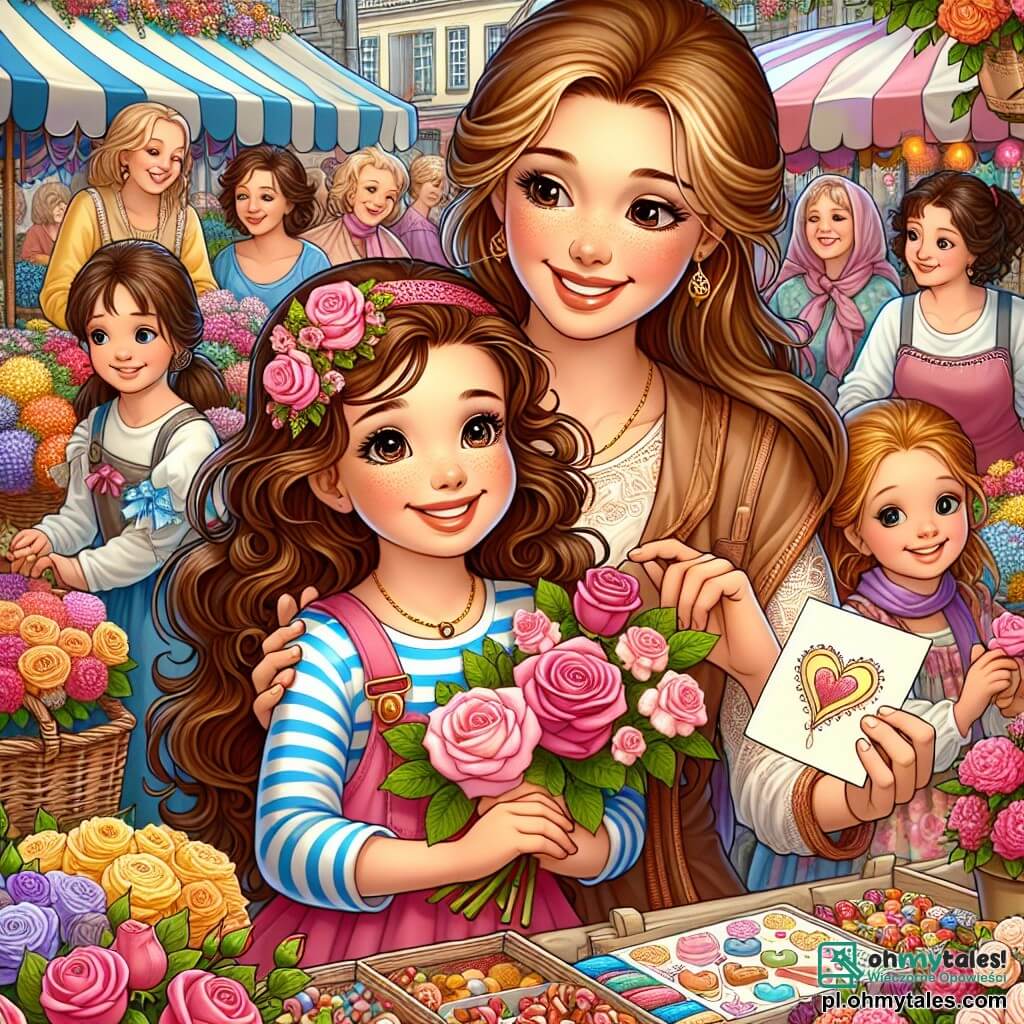 Une illustration sous forme de dessin destinée aux enfants représentant un charmant marché coloré en plein air, avec des étals de fleurs et de douceurs, où une fille de 9 ans aux longs cheveux bouclés et au sourire radieux tient un bouquet de roses dans une main et une carte faite main dans l'autre, tandis qu'une femme souriante, sa mère, aux cheveux châtains et aux yeux pétillants, l'observe avec tendresse, entourées d'autres mamans et enfants s'amusant, capturant la magie d'un moment de partage et d'amour pour la fête des mères.